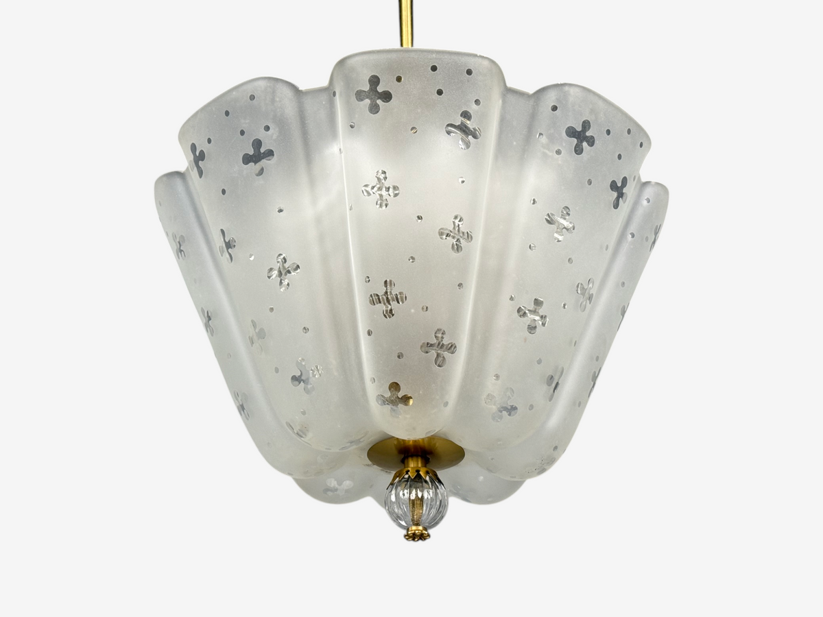 Nils Landberg, Rare Chandelier, Etched Glass, Brass, Sweden, 1940s