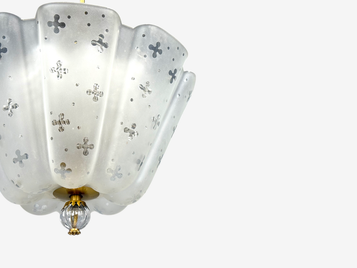 Nils Landberg, Rare Chandelier, Etched Glass, Brass, Sweden, 1940s