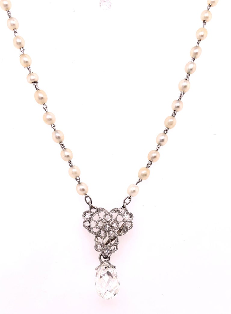 Tiffany & Co. White Gold Beaded Pearl Necklace with Diamonds and Large Briolette