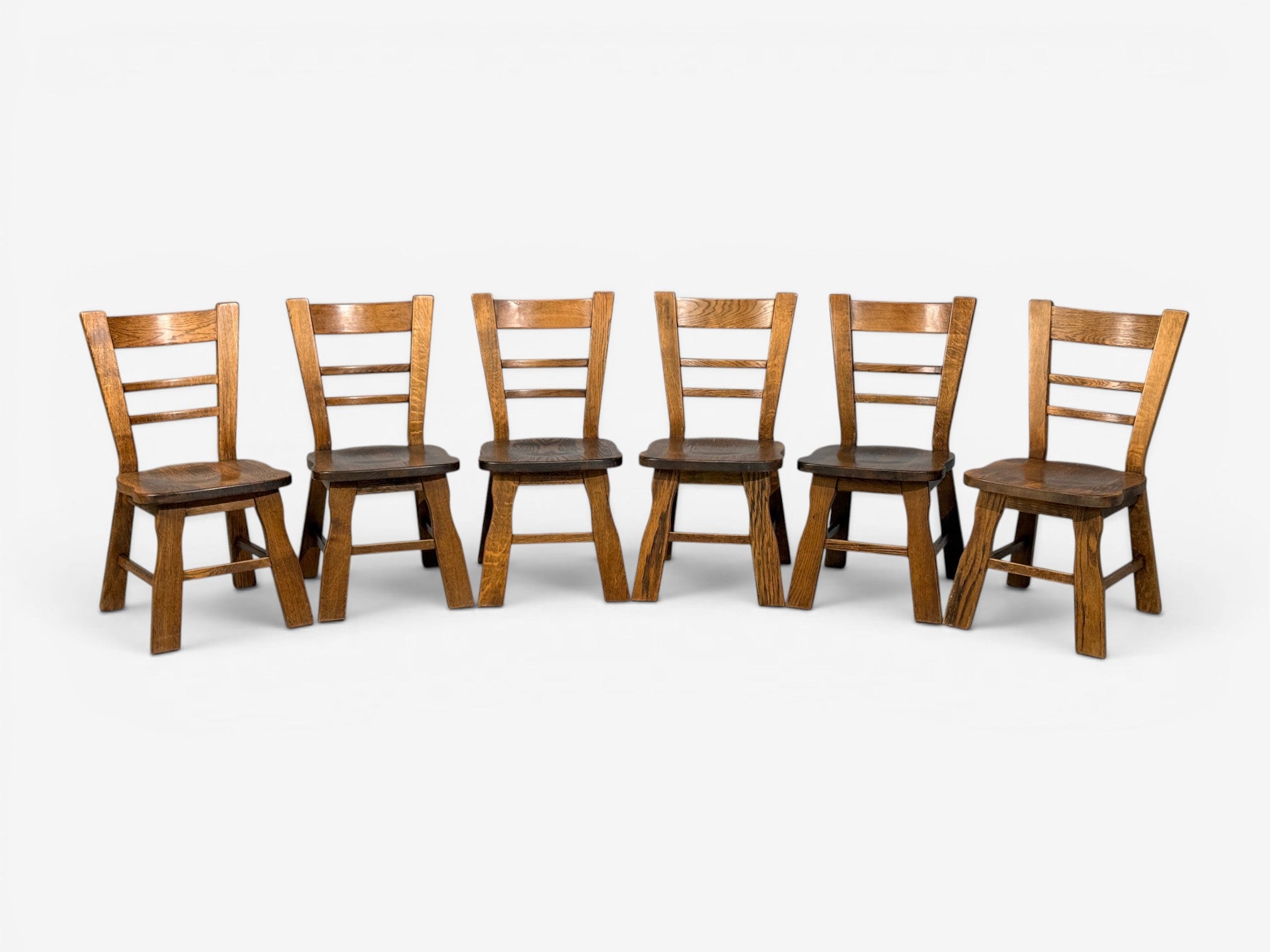 Belgian Modern, Six Brutalist Dining Chairs, Oak, Belgium, 1970s