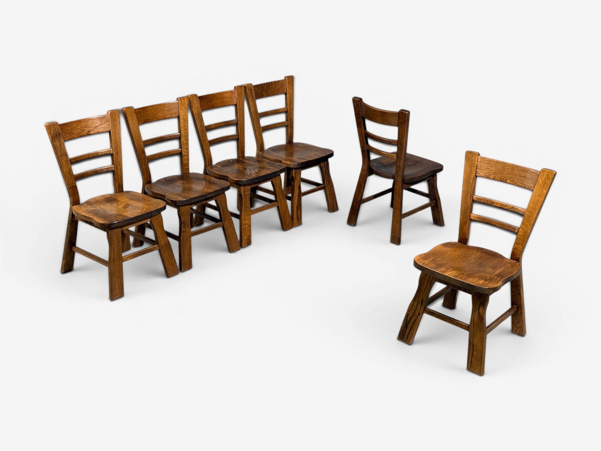 Belgian Modern, Six Brutalist Dining Chairs, Oak, Belgium, 1970s