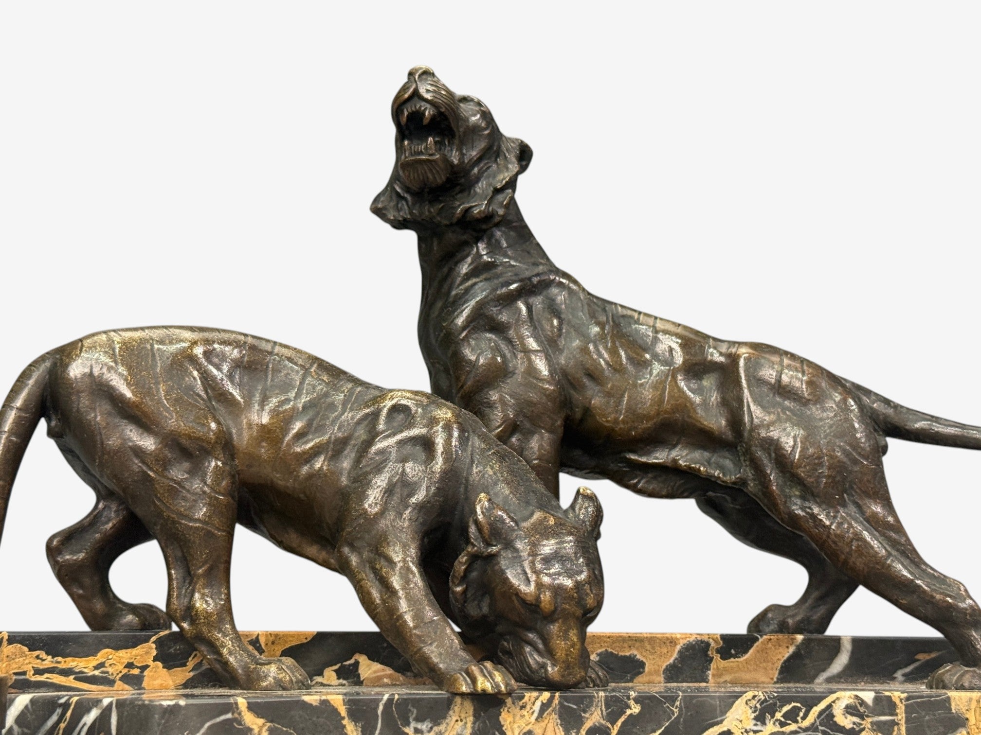 Art Deco, Inkwell Desk Set, Pen Holder, Marble, Bronze Panthers, 1920s