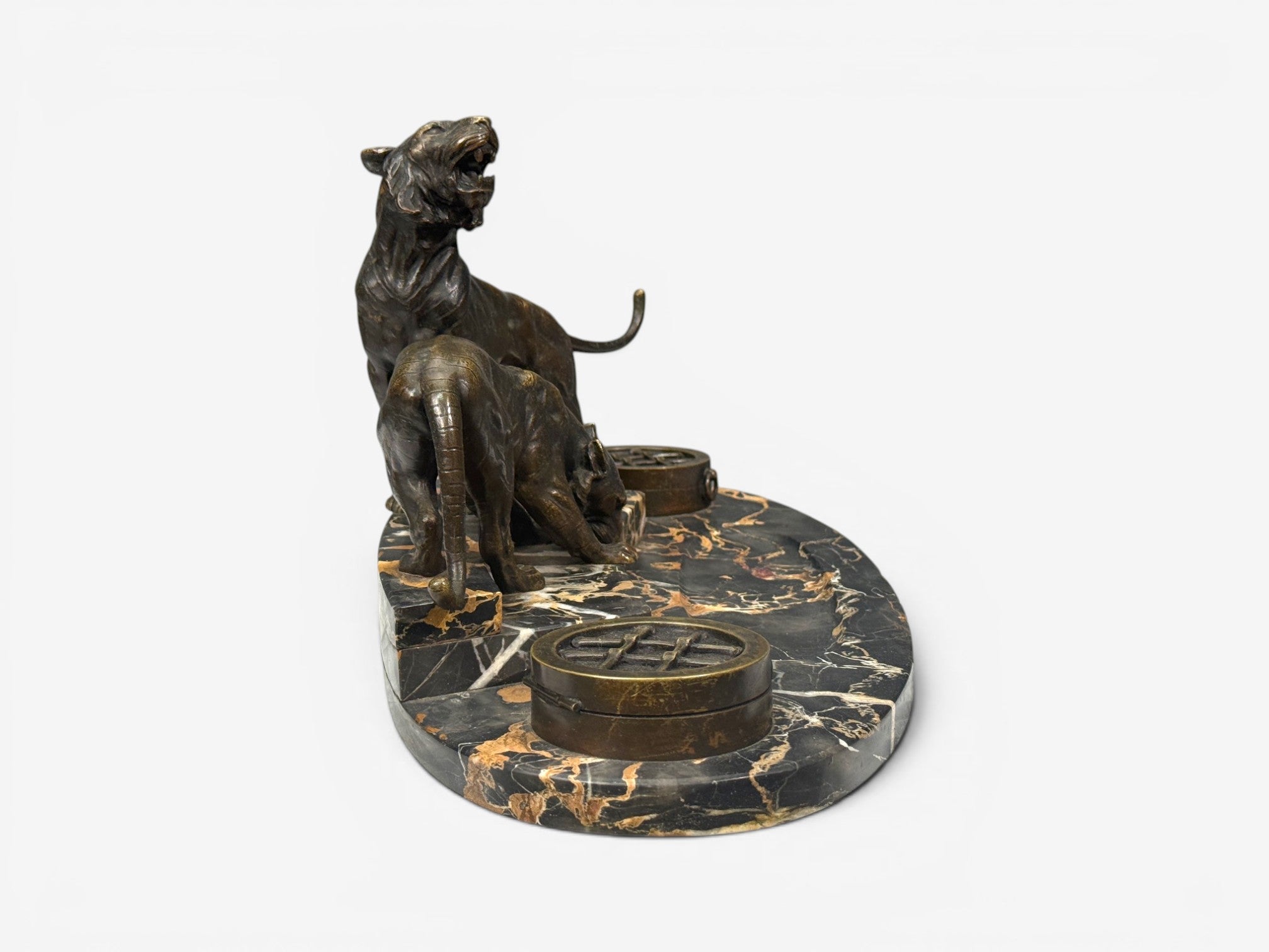Art Deco, Inkwell Desk Set, Pen Holder, Marble, Bronze Panthers, 1920s