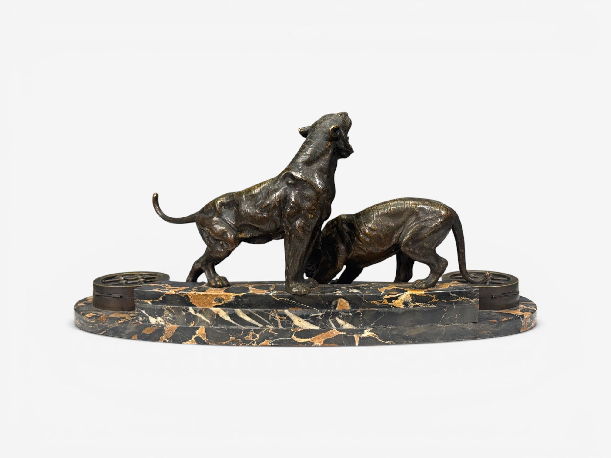 Art Deco, Inkwell Desk Set, Pen Holder, Marble, Bronze Panthers, 1920s