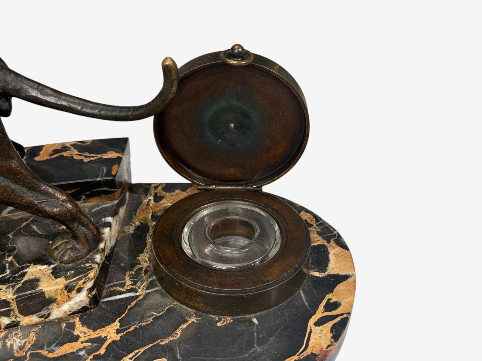 Art Deco, Inkwell Desk Set, Pen Holder, Marble, Bronze Panthers, 1920s