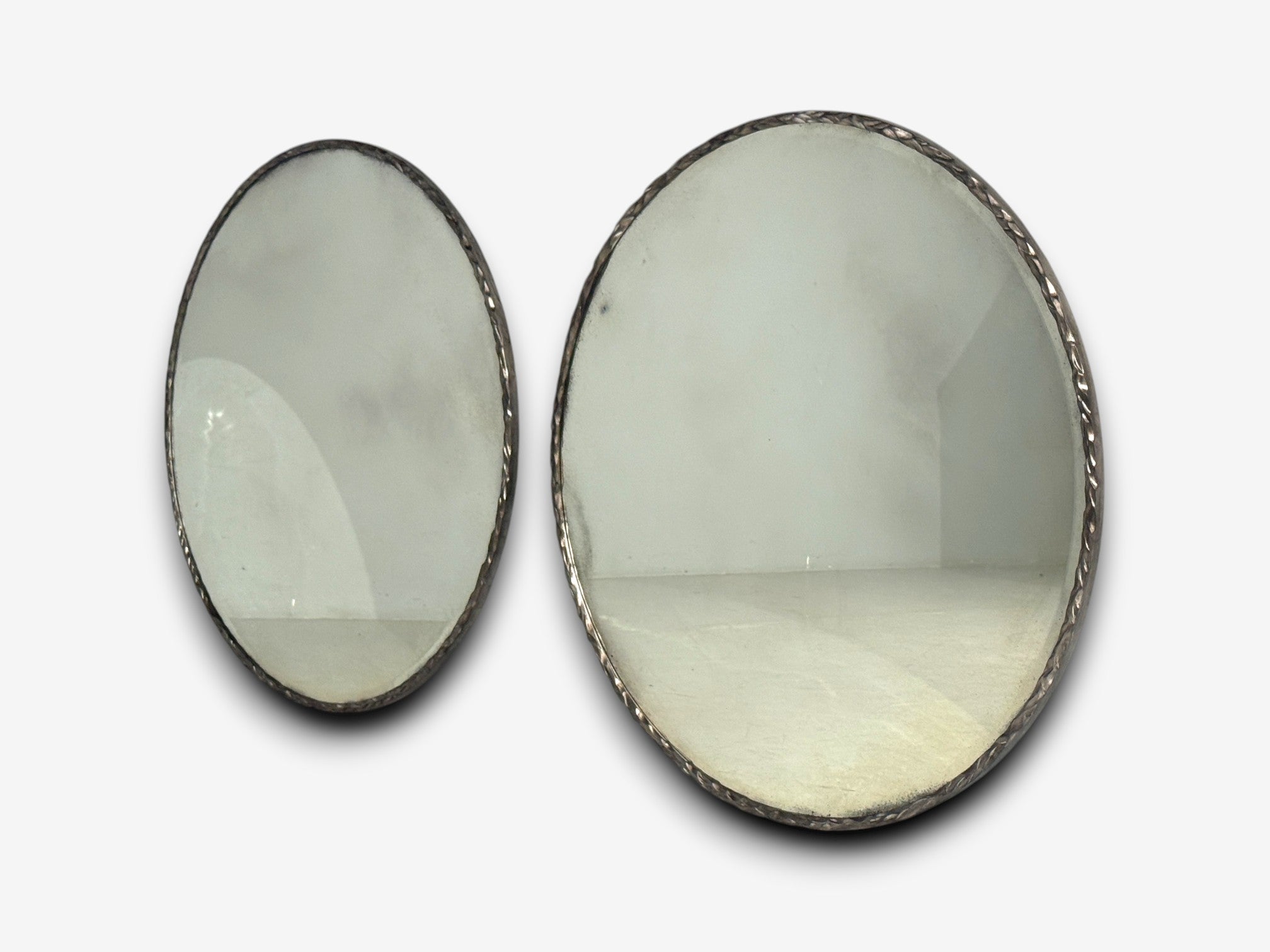 Brutalist, Circular Wall Mirrors, Hammered Metal, Distressed Glass, 21st c.