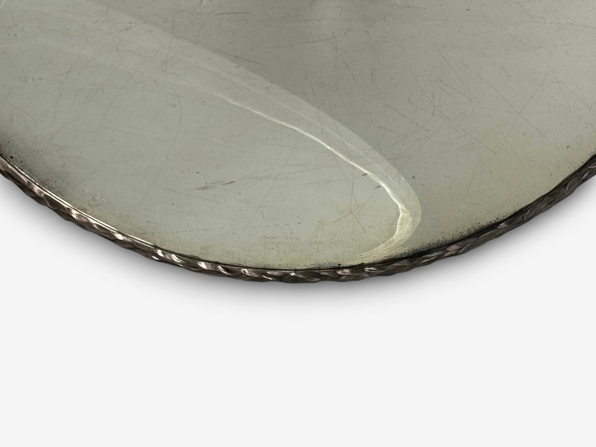 Brutalist, Circular Wall Mirrors, Hammered Metal, Distressed Glass, 21st c.