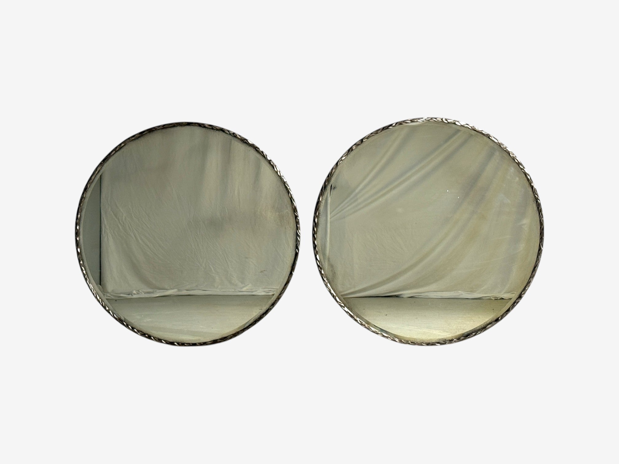 Brutalist, Circular Wall Mirrors, Hammered Metal, Distressed Glass, 21st c.