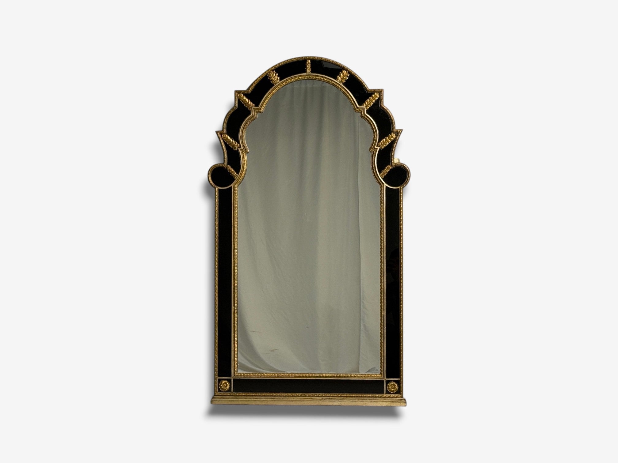Theodore Alexander, Queene Anne Style, Wall Mirror, Black Glass, Gilt Metal