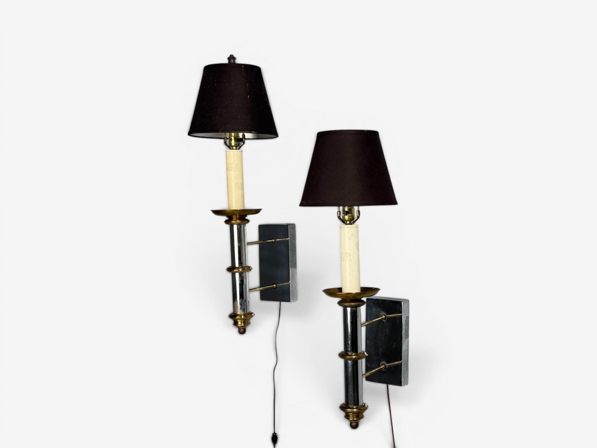 Tommi Parzinger, Large Wall Sconces, Chromed Steel, Brass, Fabric, USA, 1950s