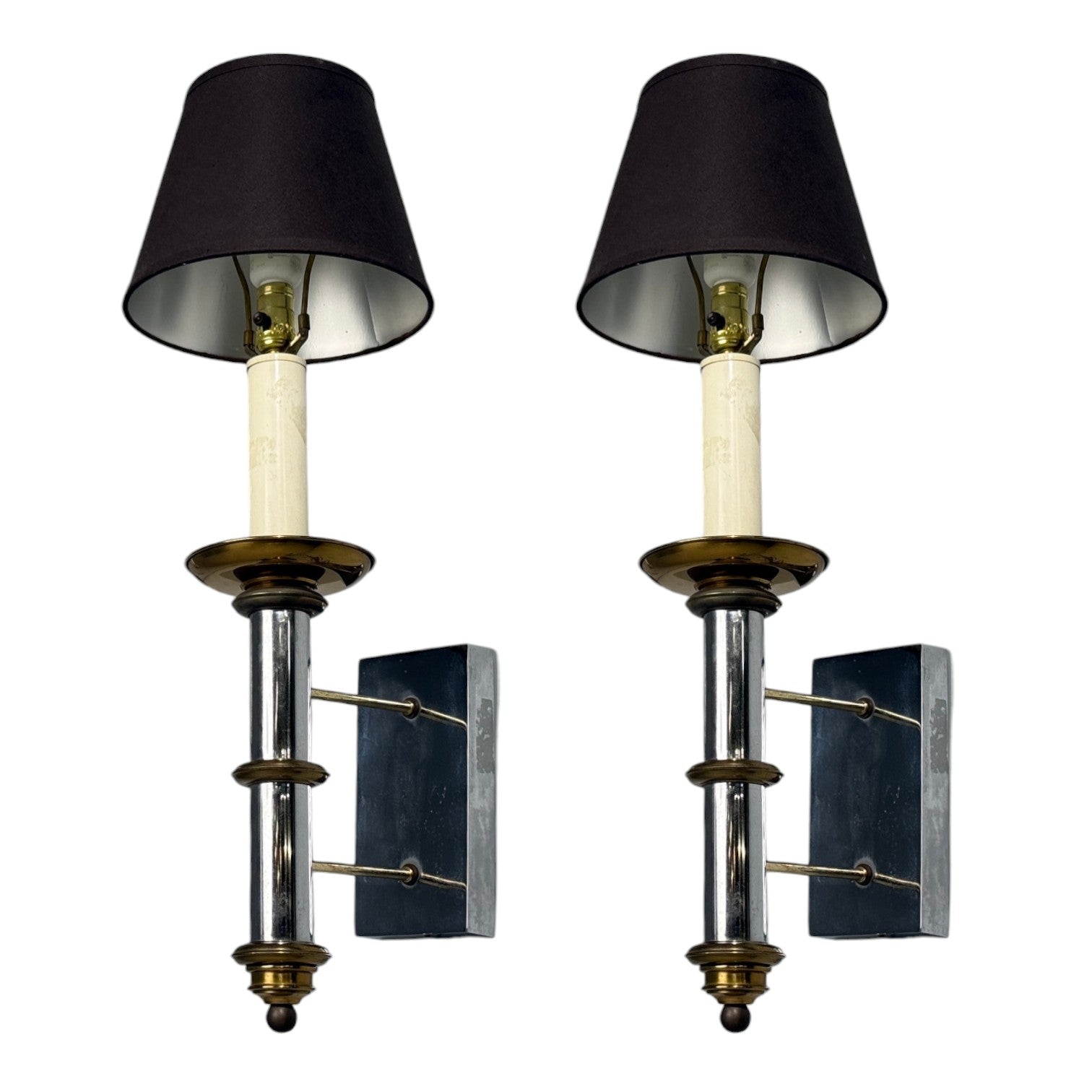 Tommi Parzinger, Large Wall Sconces, Chromed Steel, Brass, Fabric, USA, 1950s