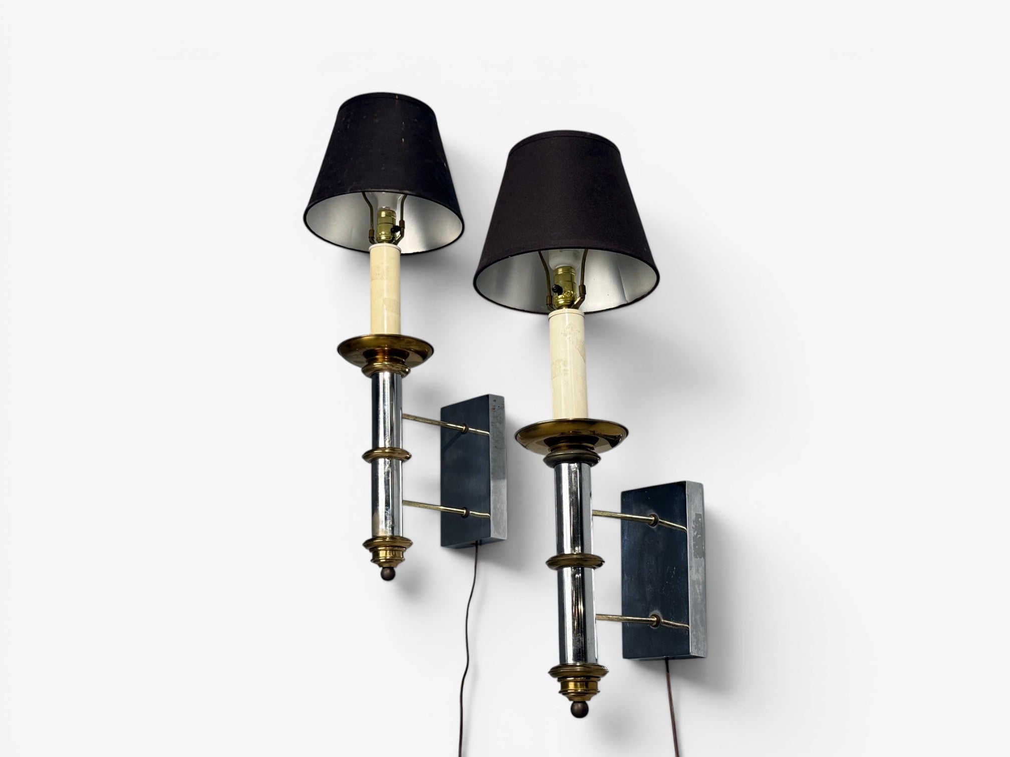 Tommi Parzinger, Large Wall Sconces, Chromed Steel, Brass, Fabric, USA, 1950s
