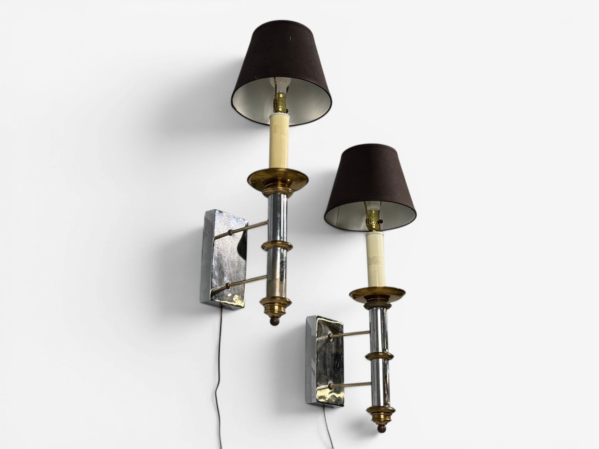 Tommi Parzinger, Large Wall Sconces, Chromed Steel, Brass, Fabric, USA, 1950s