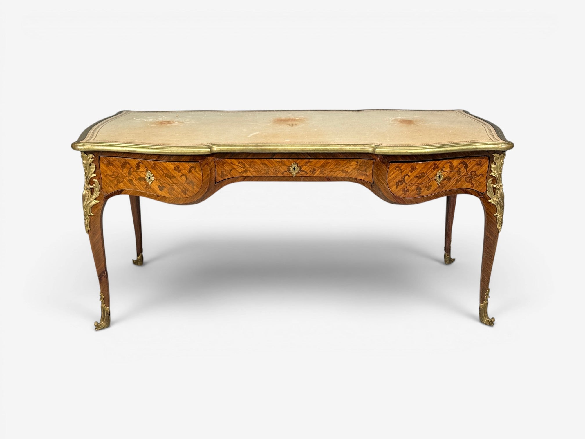 Louis XV Style, Executive Desk, Marquetry, Leather, Bronze, France, 19th/20th c.