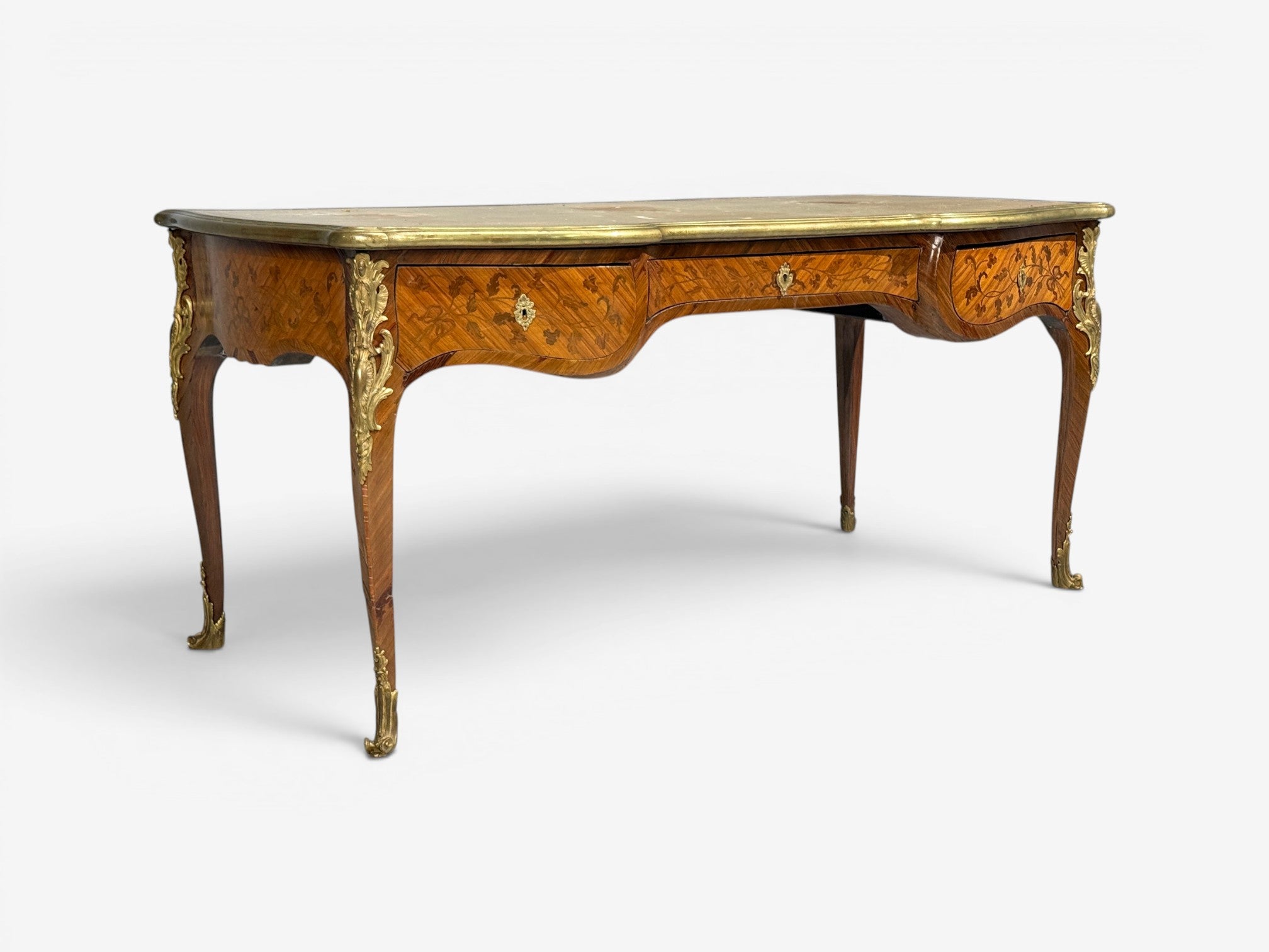 Louis XV Style, Executive Desk, Marquetry, Leather, Bronze, France, 19th/20th c.