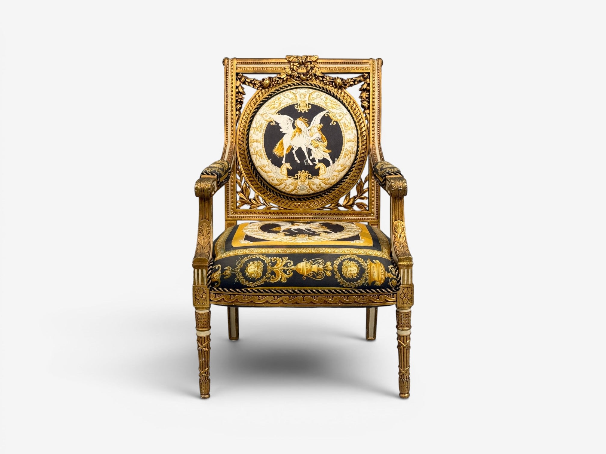 Louis XVI, French Arm Chair, Versace Fabric, Giltwood, France, 1960s