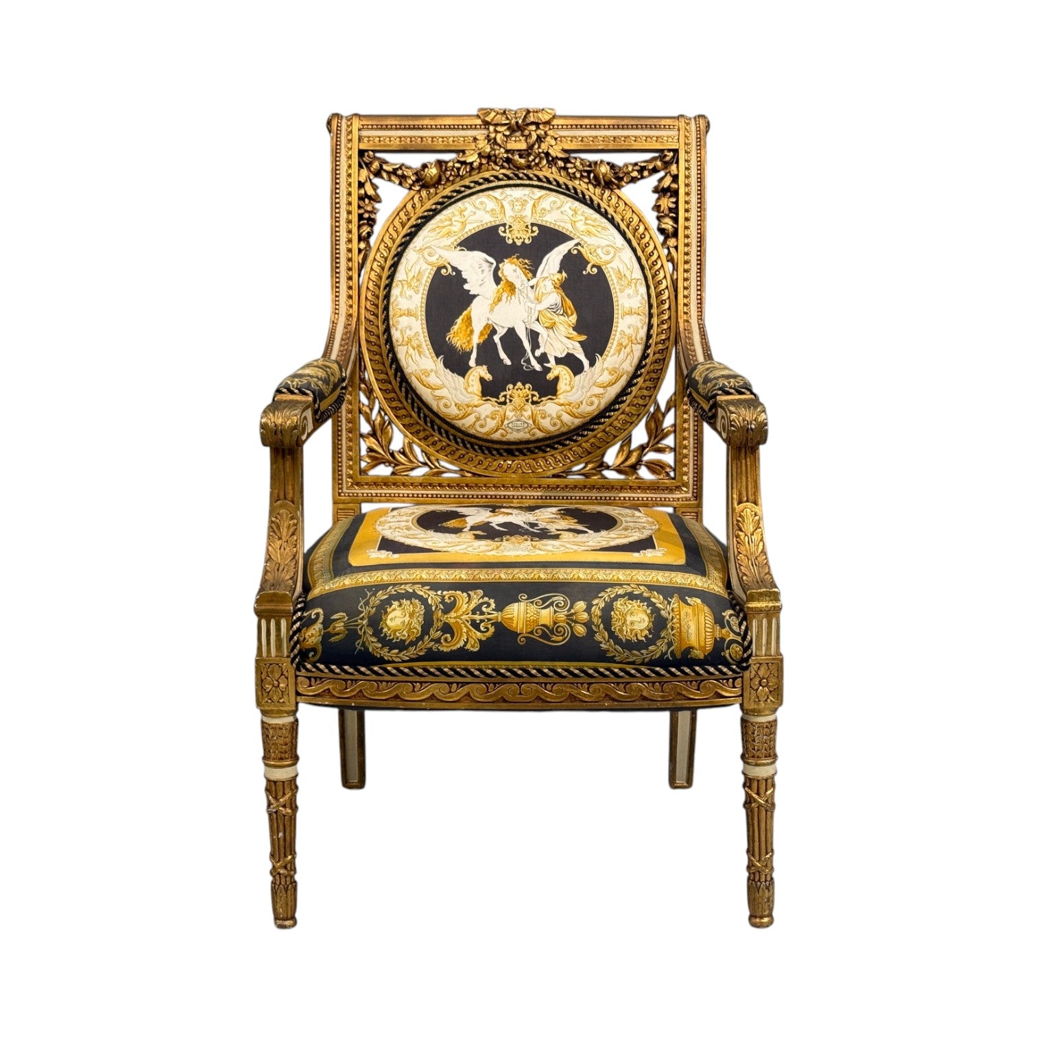 Louis XVI, French Arm Chair, Versace Fabric, Giltwood, France, 1960s