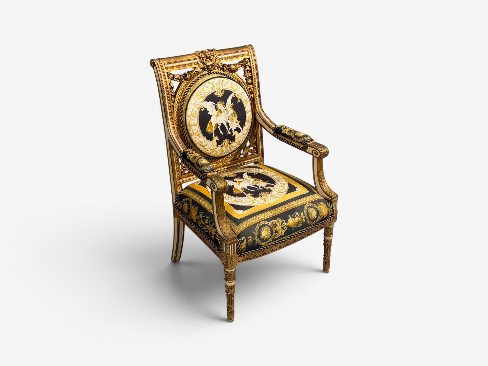 Louis XVI, French Arm Chair, Versace Fabric, Giltwood, France, 1960s