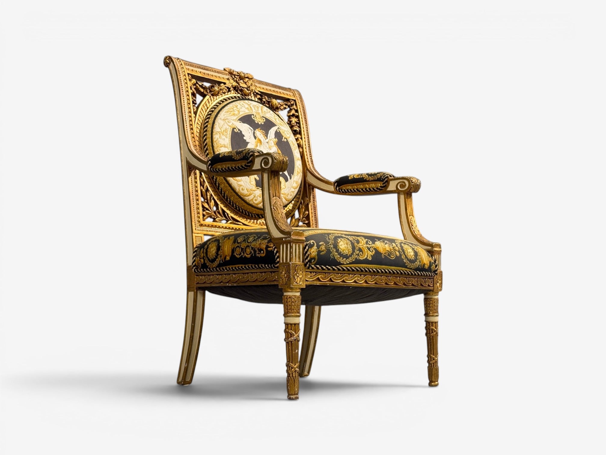 Louis XVI, French Arm Chair, Versace Fabric, Giltwood, France, 1960s