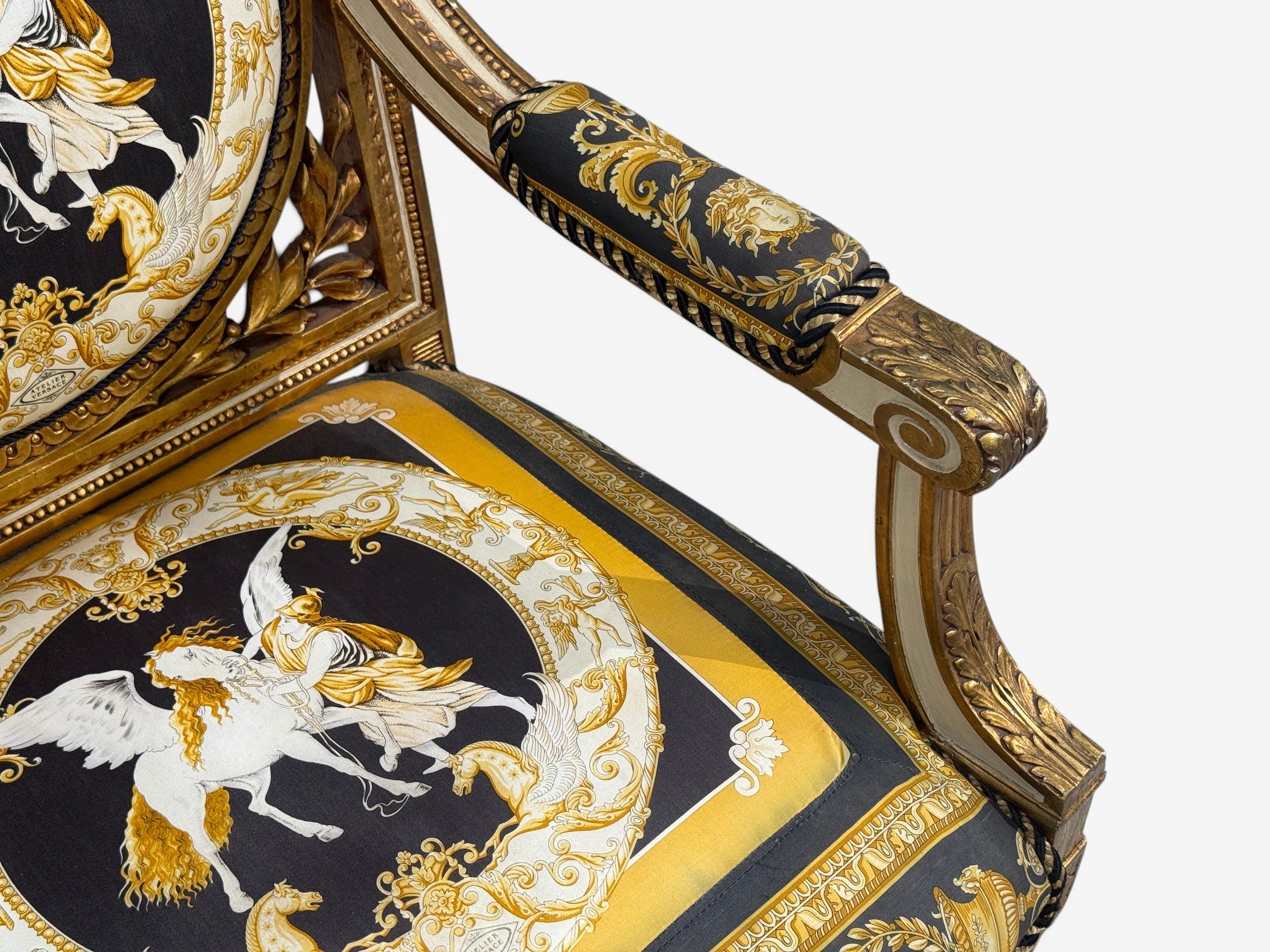 Louis XVI, French Arm Chair, Versace Fabric, Giltwood, France, 1960s