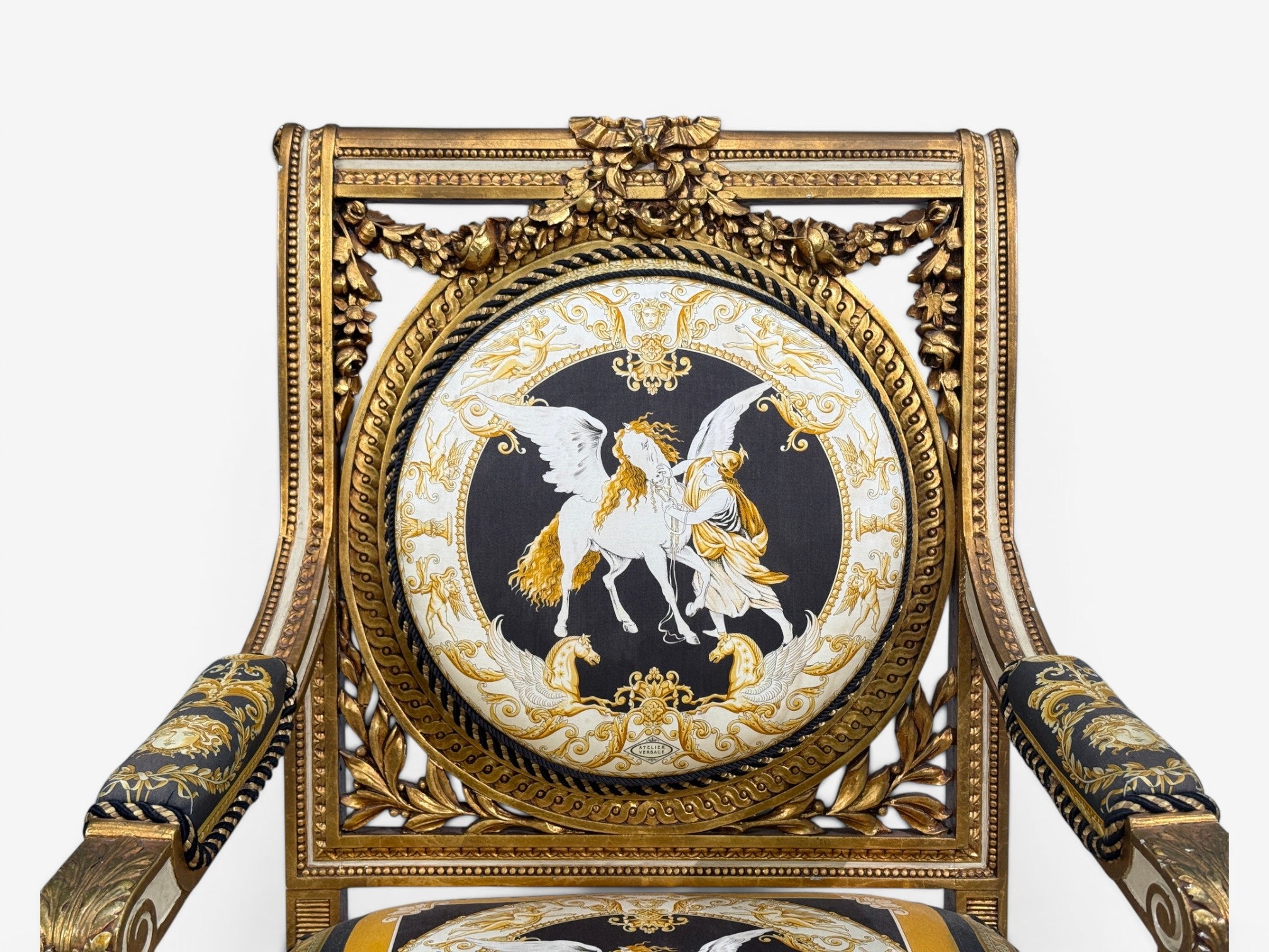 Louis XVI, French Arm Chair, Versace Fabric, Giltwood, France, 1960s