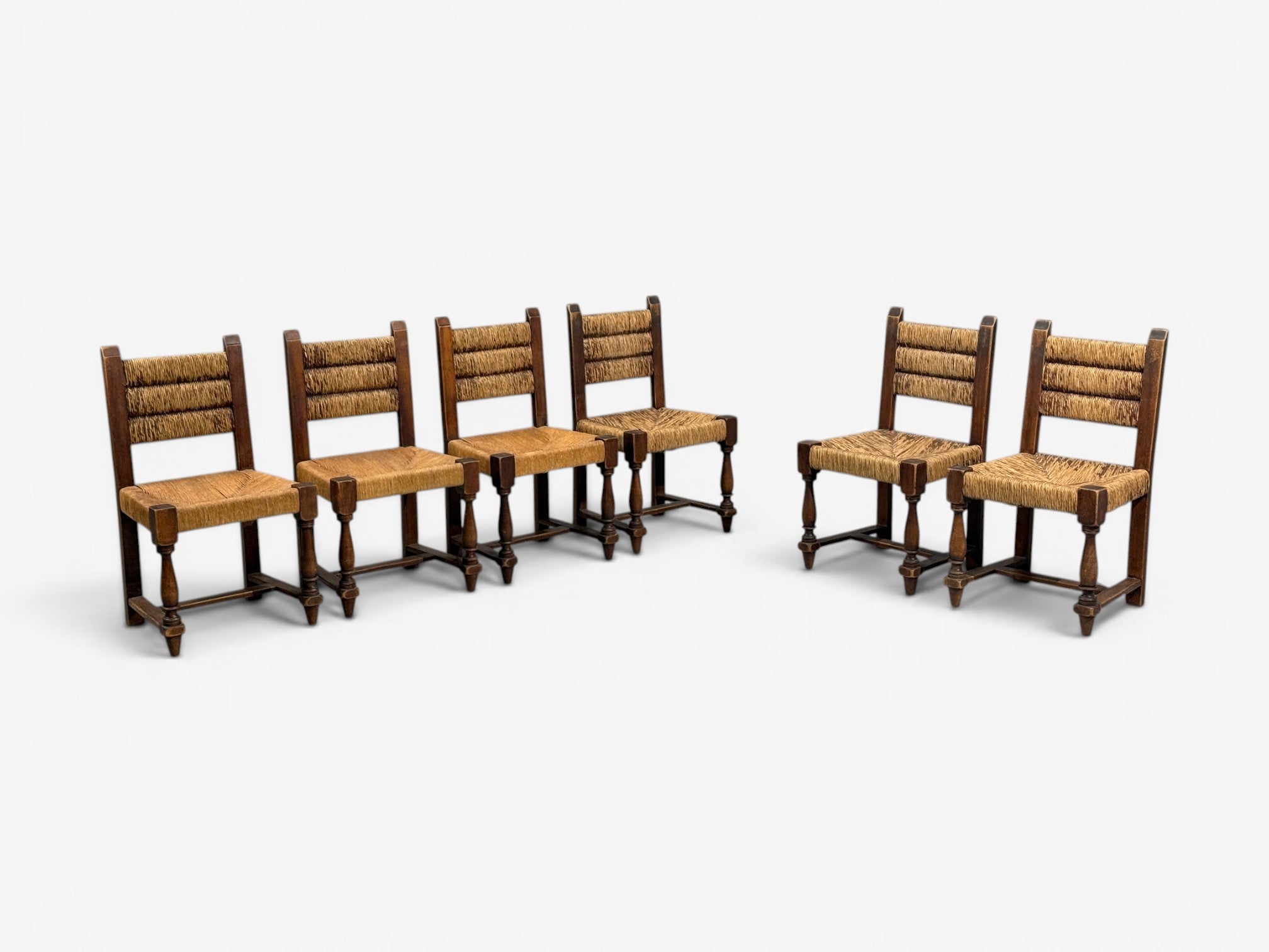 Charles Doudouyt, Six Rustic Dining Chairs, Oak, Rush, France, 1940s