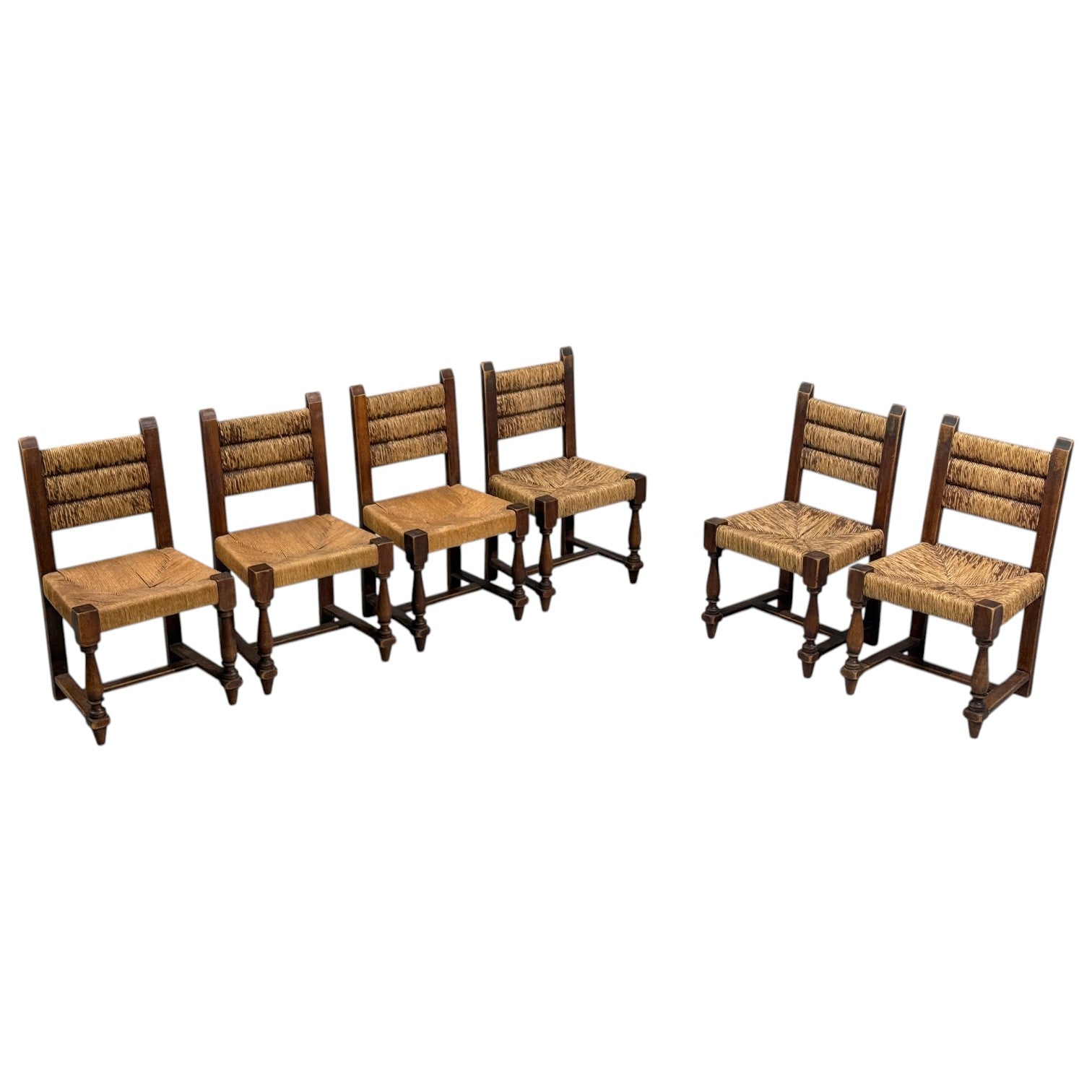 Charles Doudouyt, Six Rustic Dining Chairs, Oak, Rush, France, 1940s