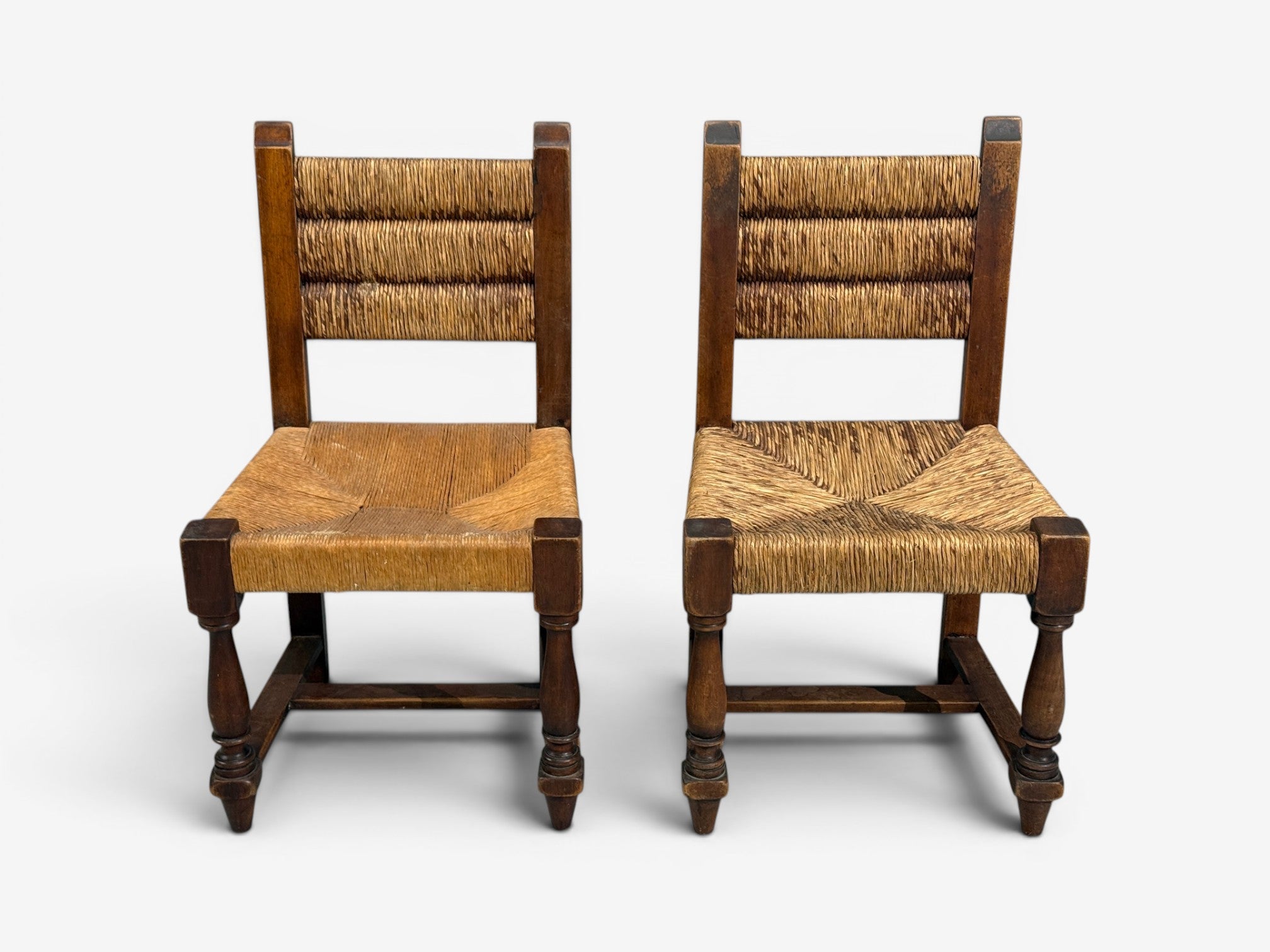 Charles Doudouyt, Six Rustic Dining Chairs, Oak, Rush, France, 1940s