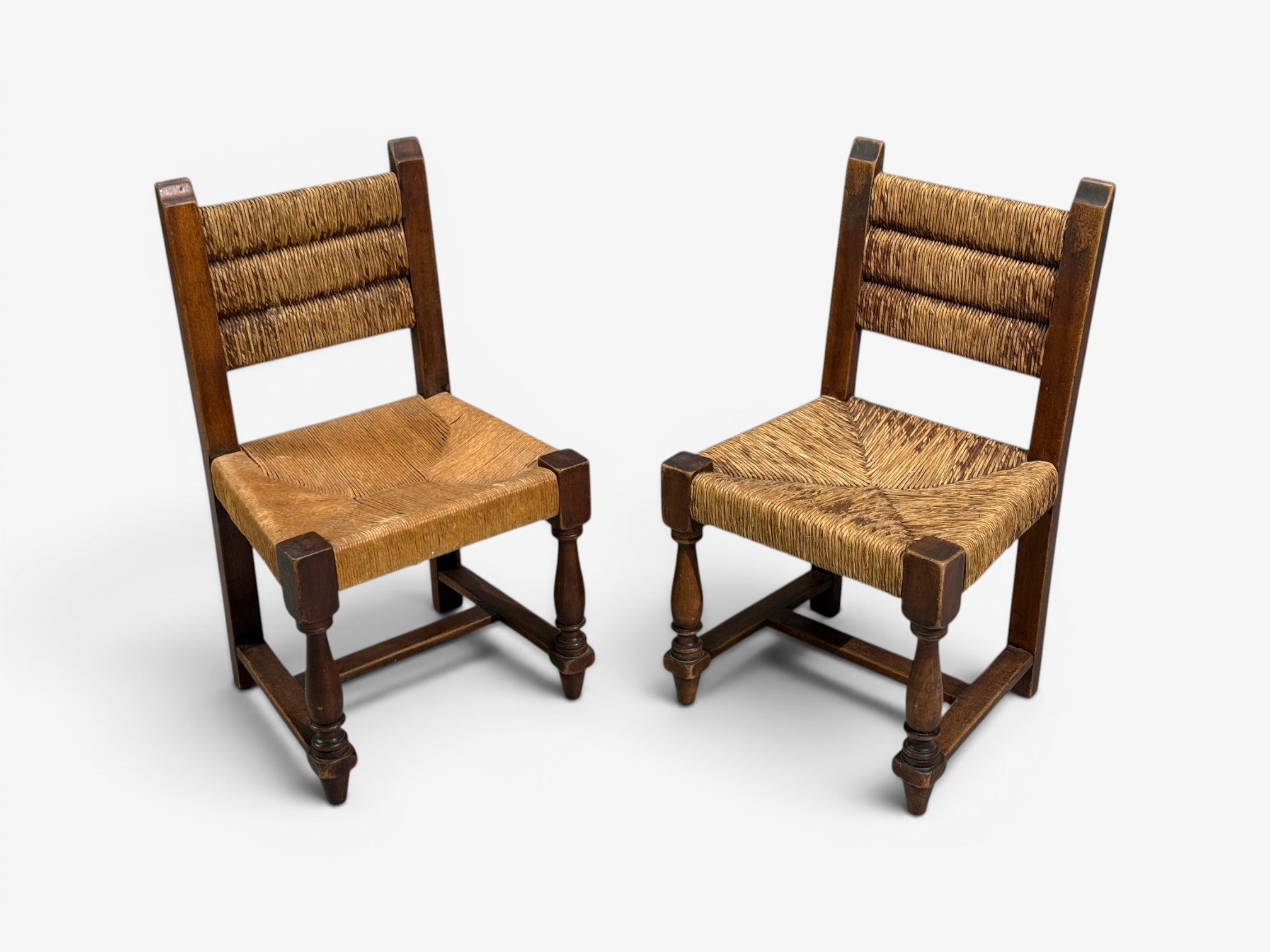 Charles Doudouyt, Six Rustic Dining Chairs, Oak, Rush, France, 1940s