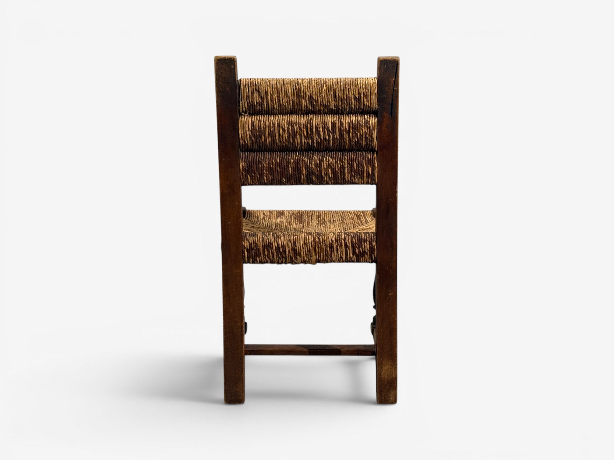 Charles Doudouyt, Six Rustic Dining Chairs, Oak, Rush, France, 1940s