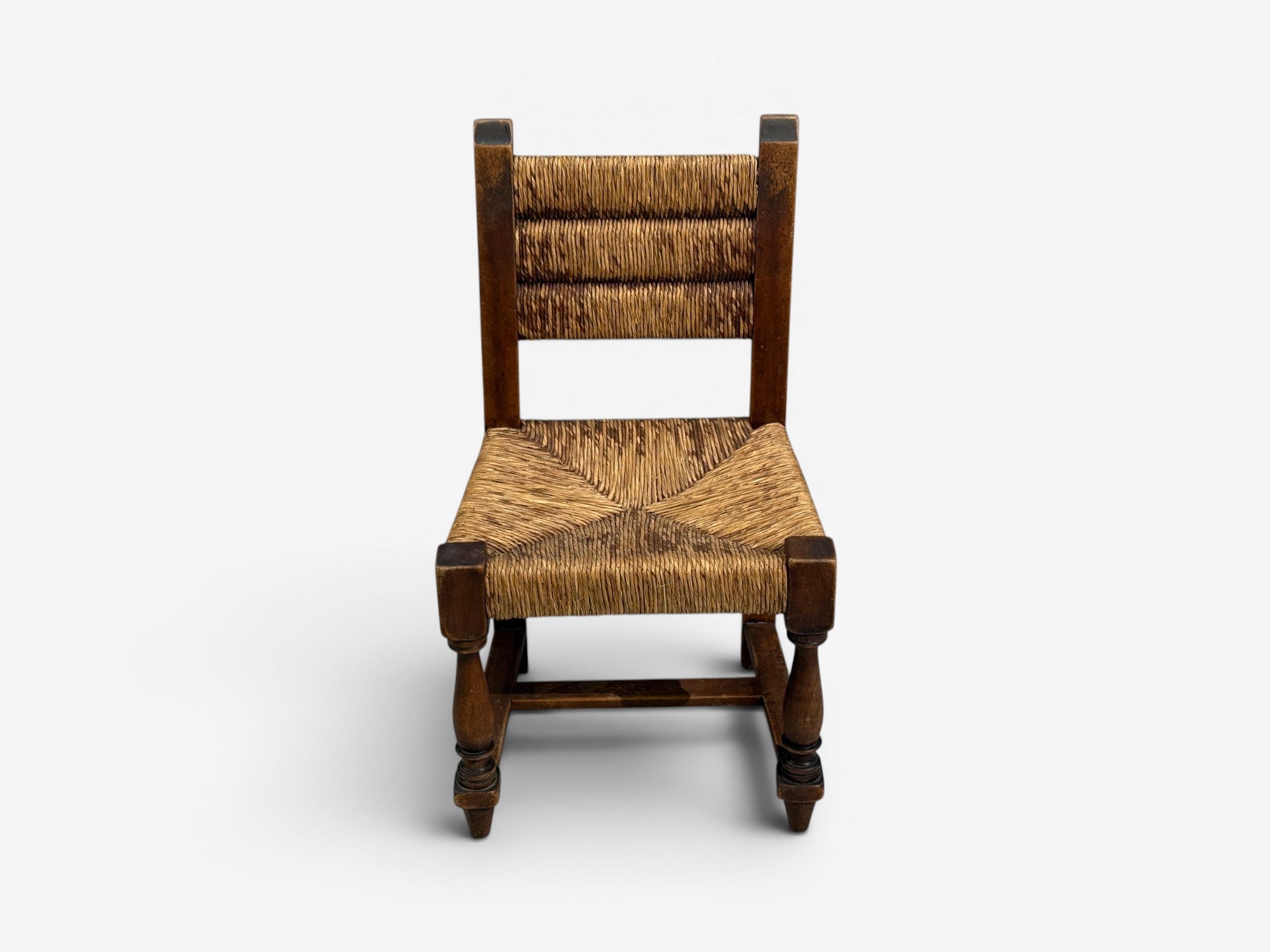 Charles Doudouyt, Six Rustic Dining Chairs, Oak, Rush, France, 1940s