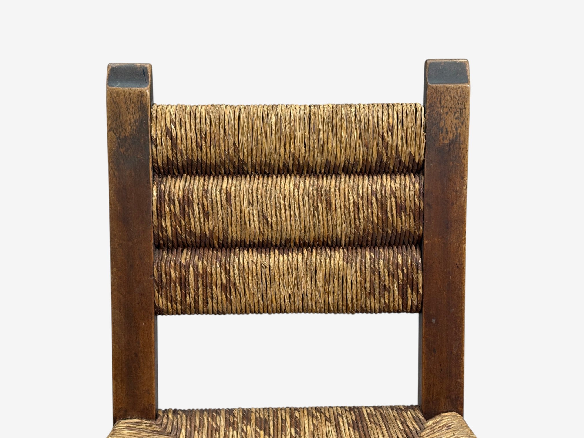 Charles Doudouyt, Six Rustic Dining Chairs, Oak, Rush, France, 1940s