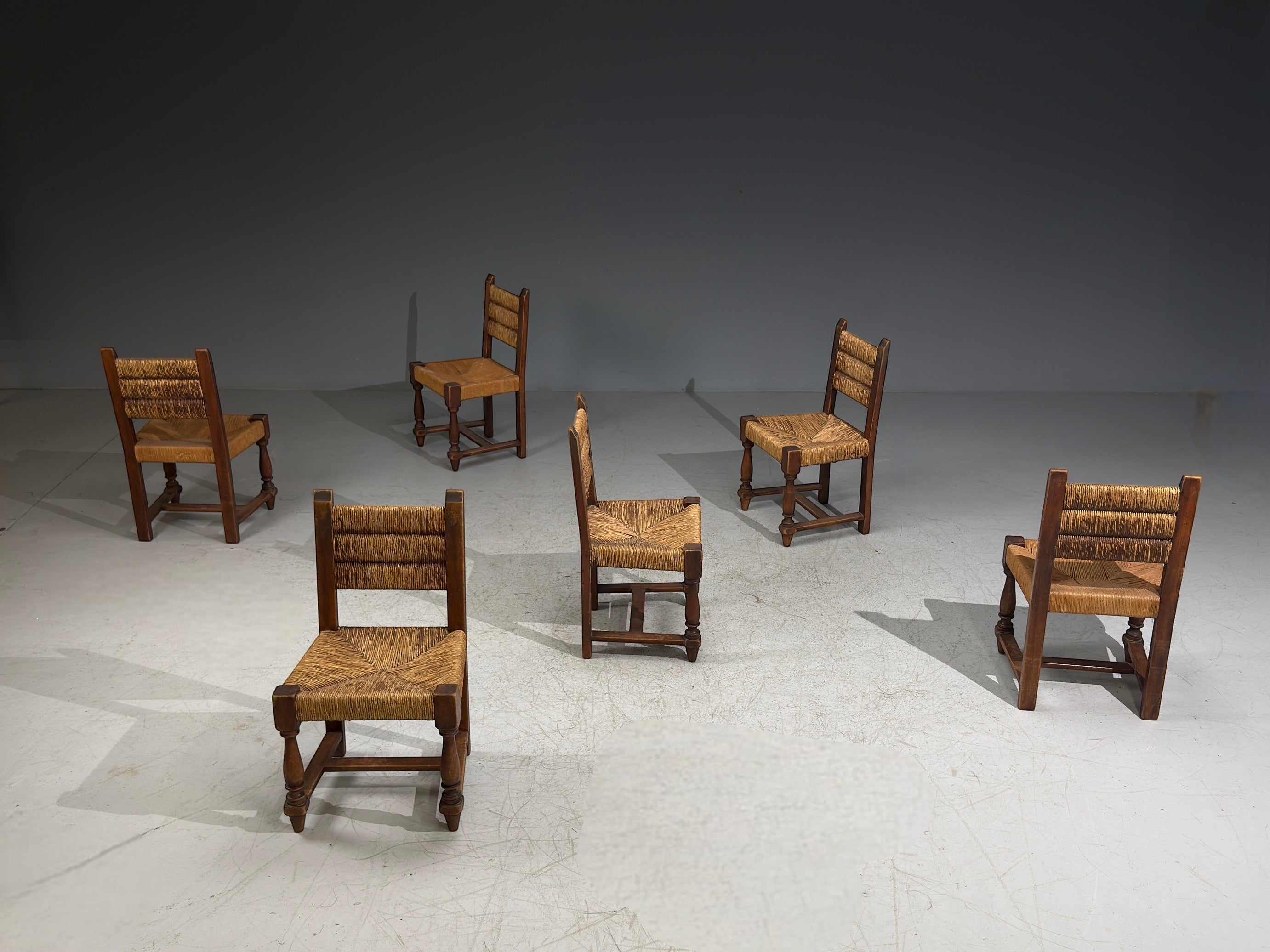 Charles Doudouyt, Six Rustic Dining Chairs, Oak, Rush, France, 1940s
