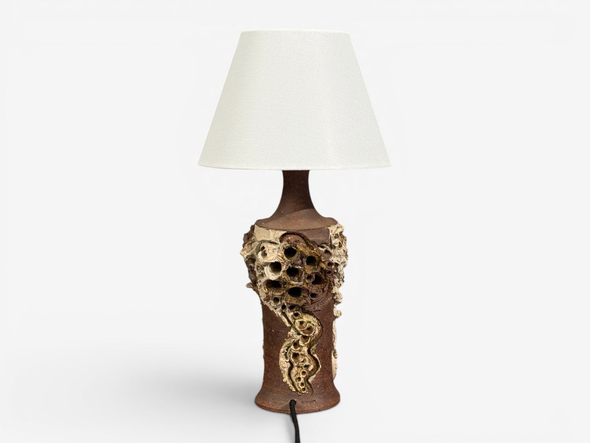 Bodil Marie Nielsen, Large Brutalist Table Lamp, Brown Stoneware, Denmark, 1960s
