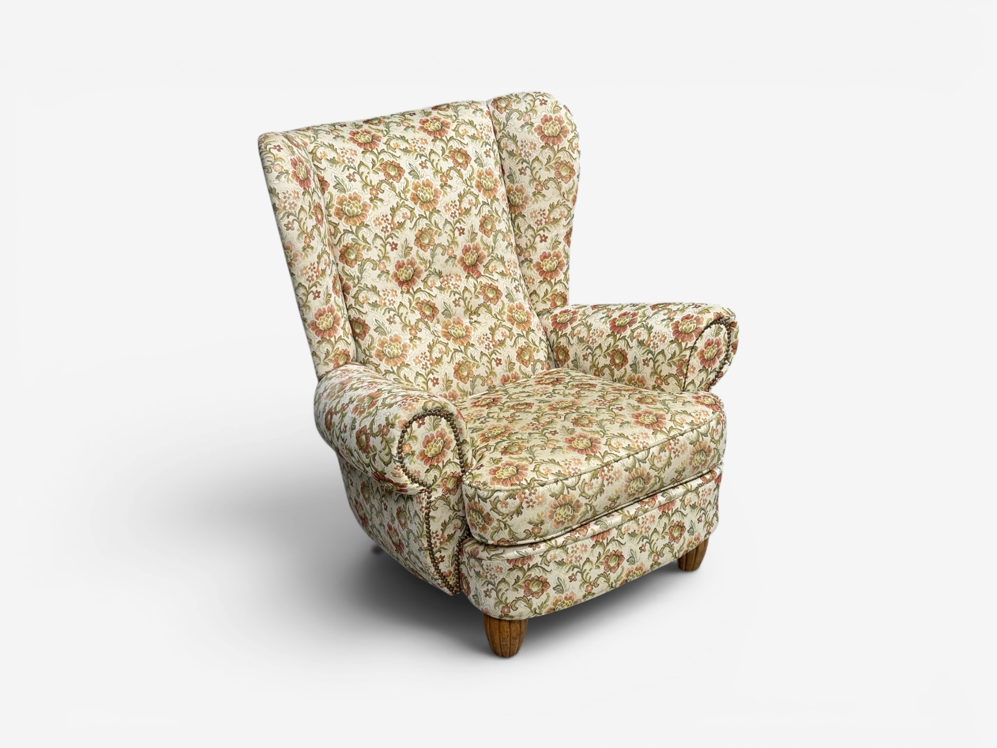 Danish Cabinetmaker, Large Wingback Chair, Floral Fabric, Wood, Denmark, 1950s