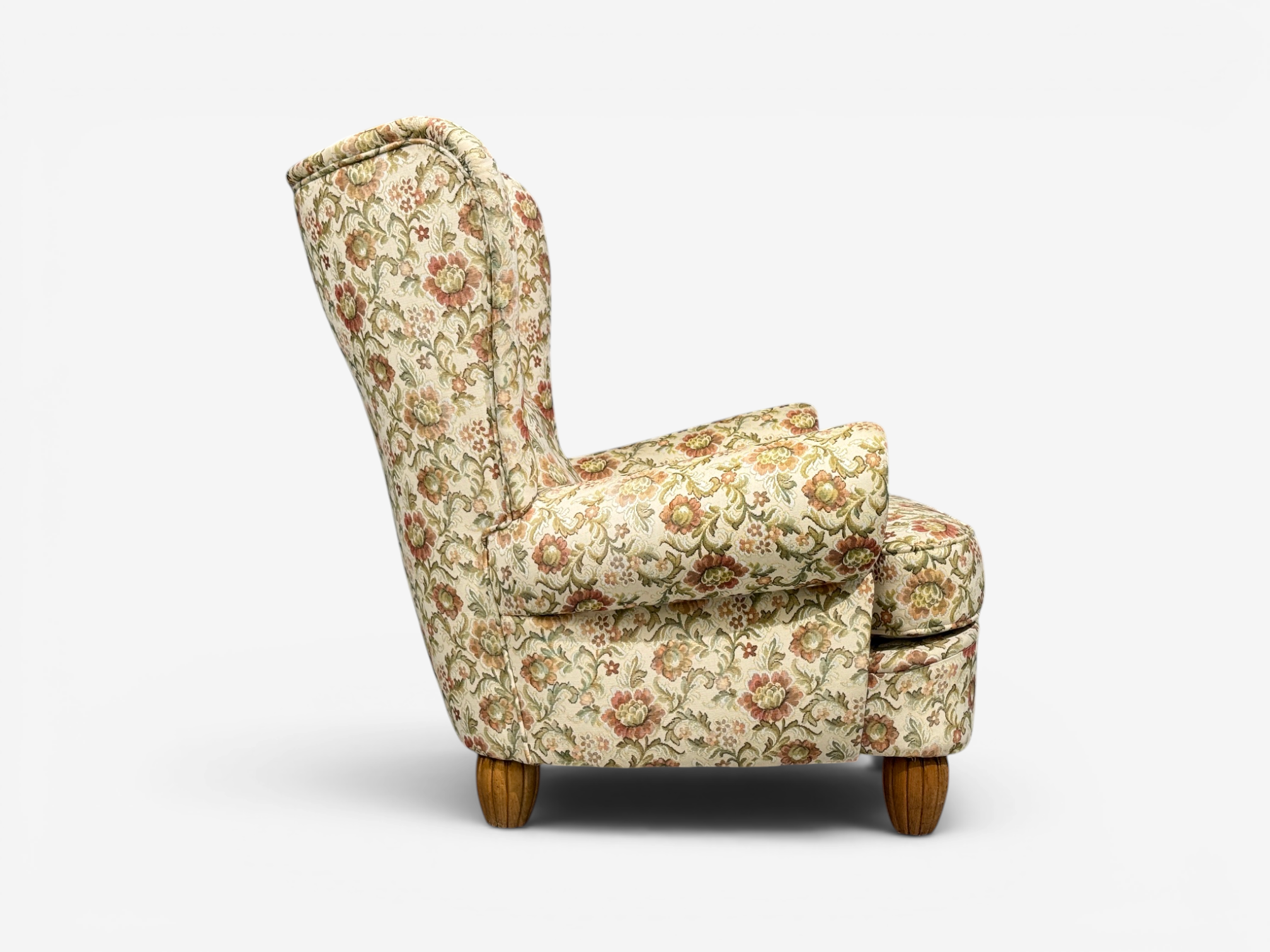 Danish Cabinetmaker, Large Wingback Chair, Floral Fabric, Wood, Denmark, 1950s