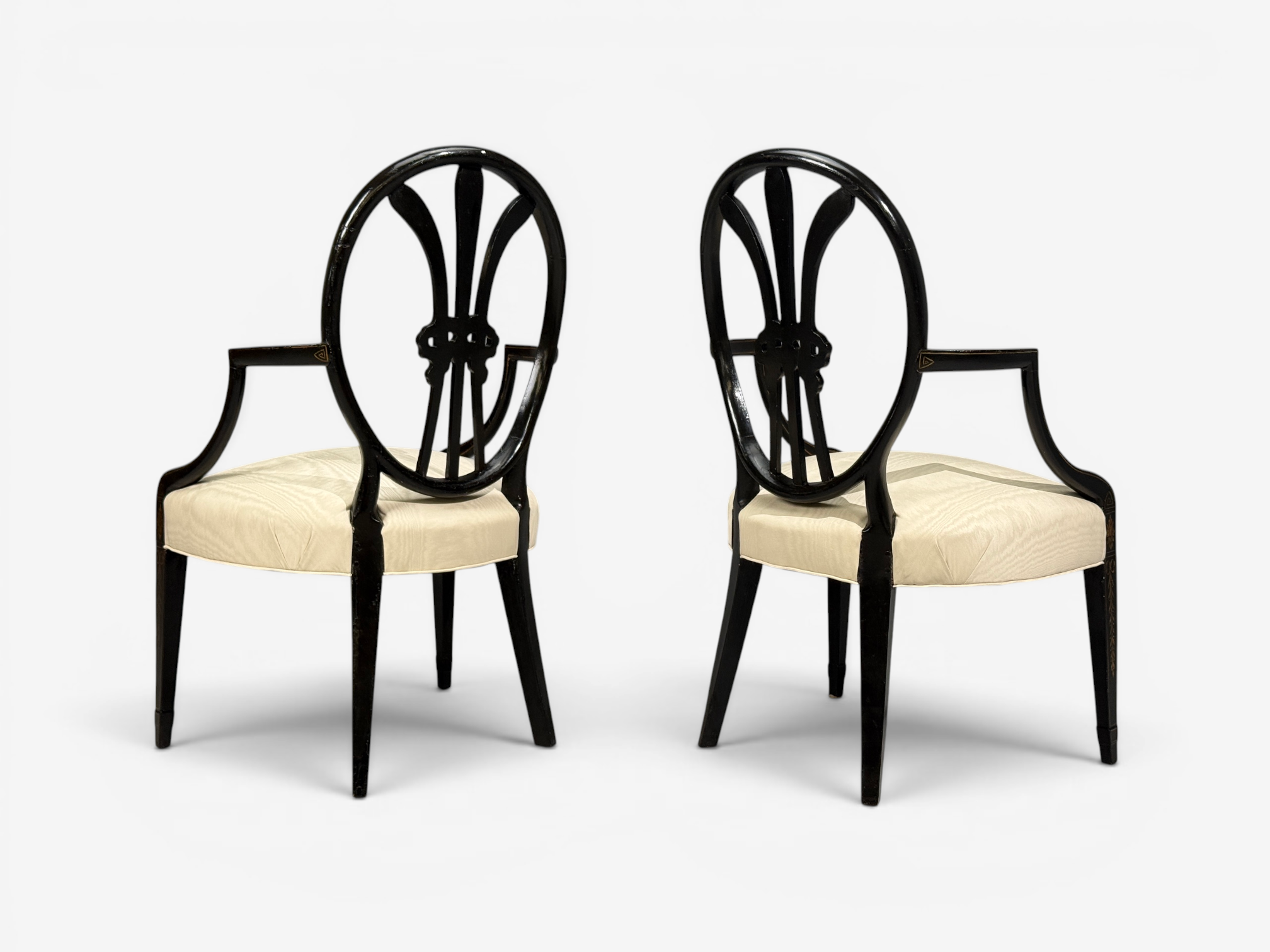 Neoclassical, Prince of Wales Armchairs, Ebonized Wood, Gilt, Silk, USA, 19th c.