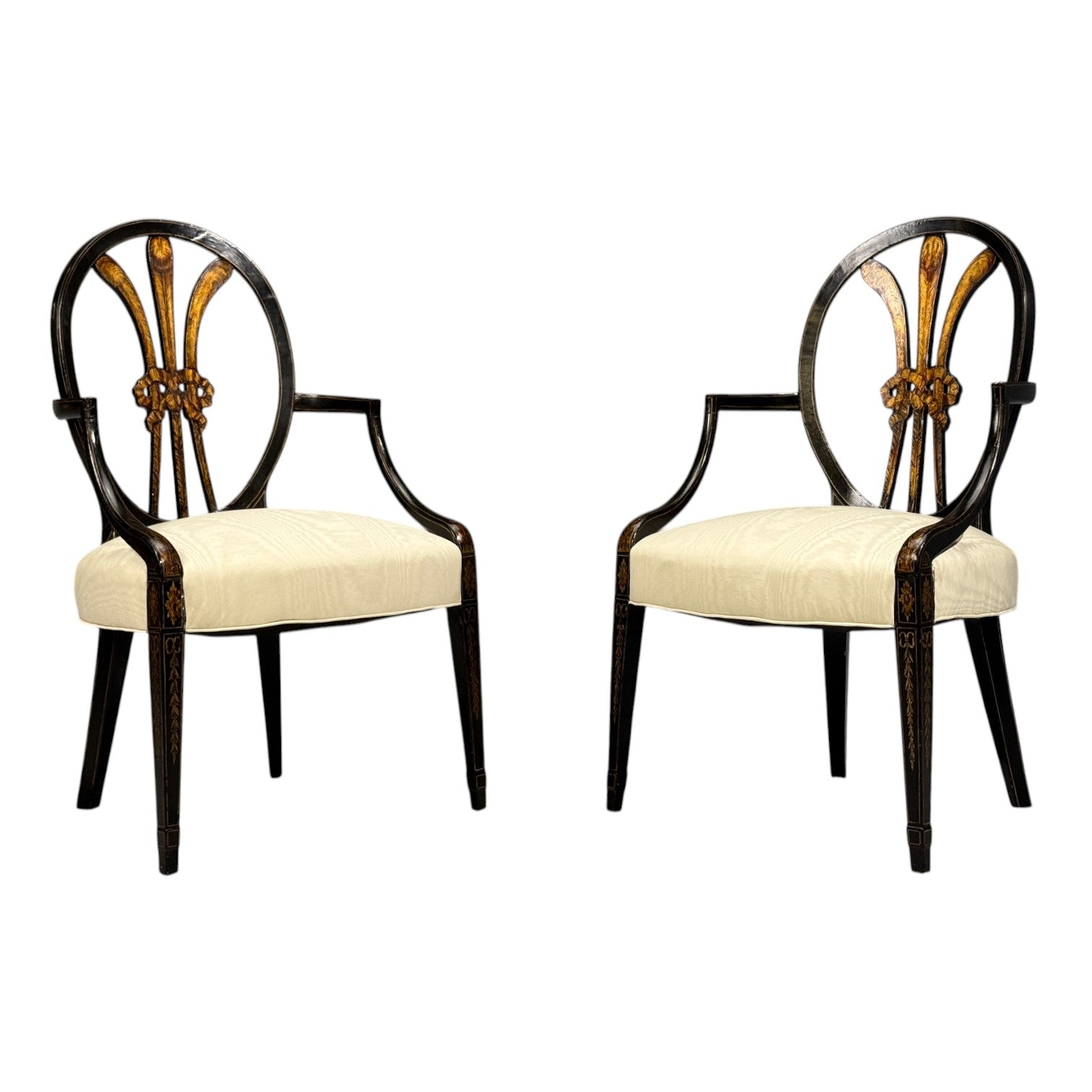 Neoclassical, Prince of Wales Armchairs, Ebonized Wood, Gilt, Silk, USA, 19th c.