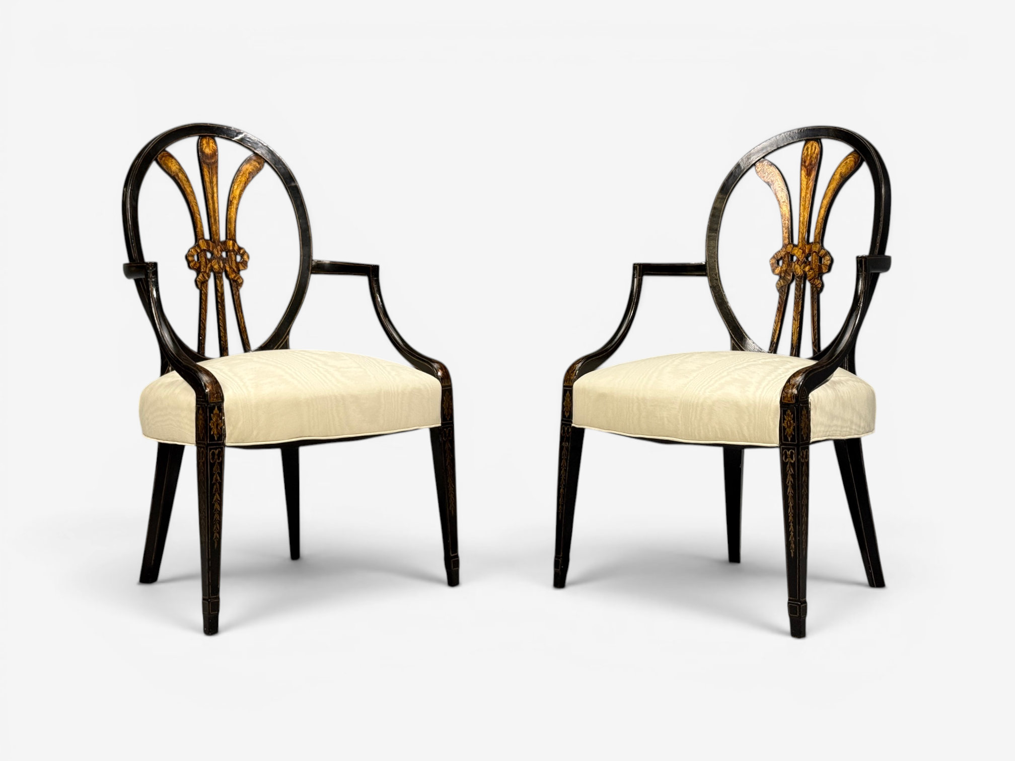 Neoclassical, Prince of Wales Armchairs, Ebonized Wood, Gilt, Silk, USA, 19th c.