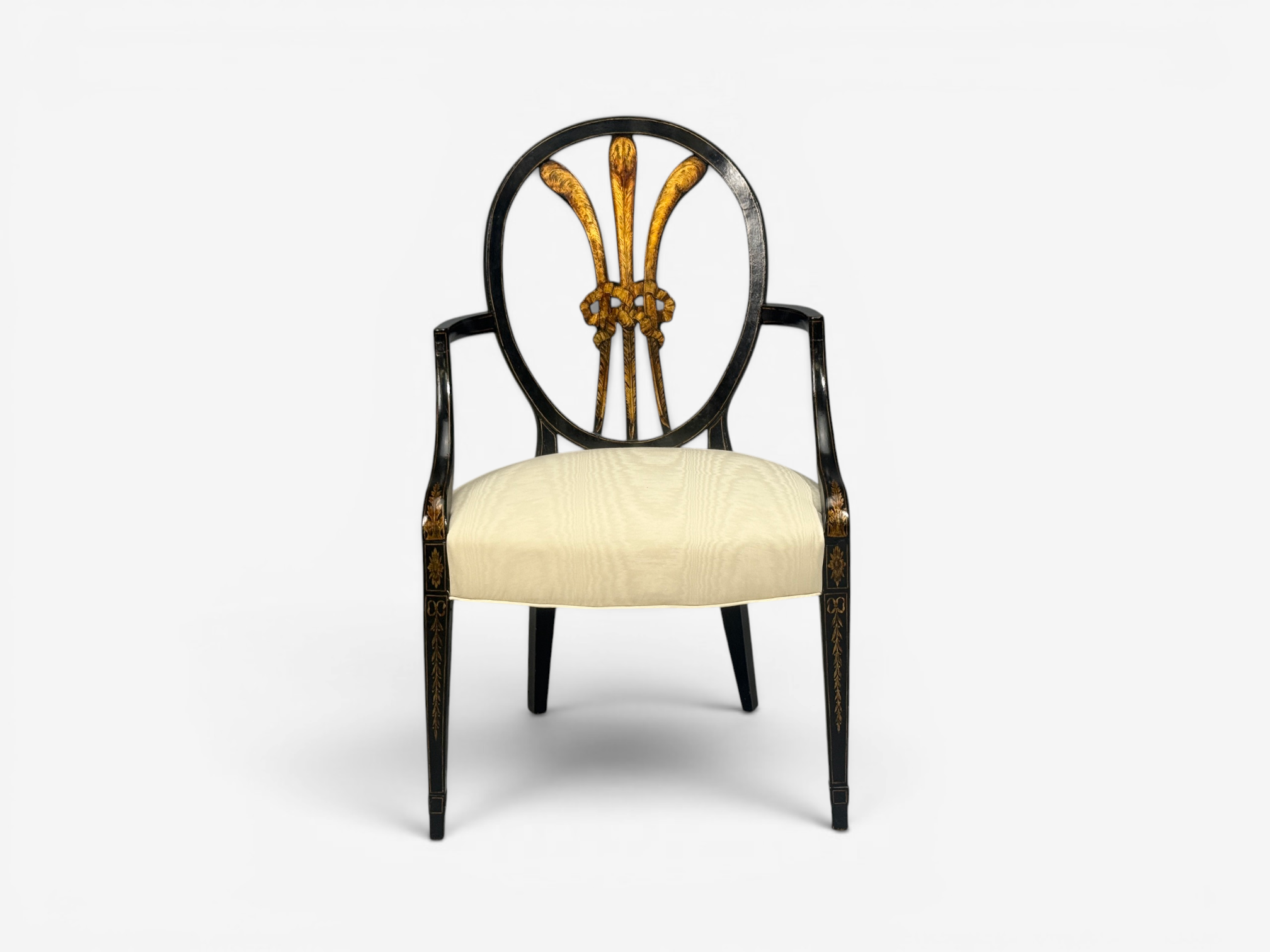 Neoclassical, Prince of Wales Armchairs, Ebonized Wood, Gilt, Silk, USA, 19th c.