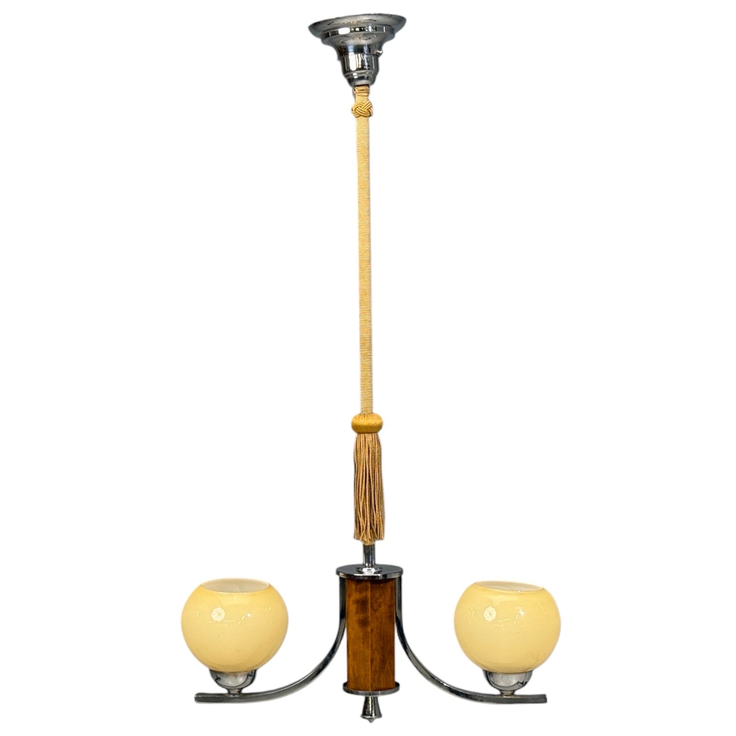 Swedish Art Deco, Pendant Light, Burl, Cord, Glass, Chrome, Sweden, 1930s