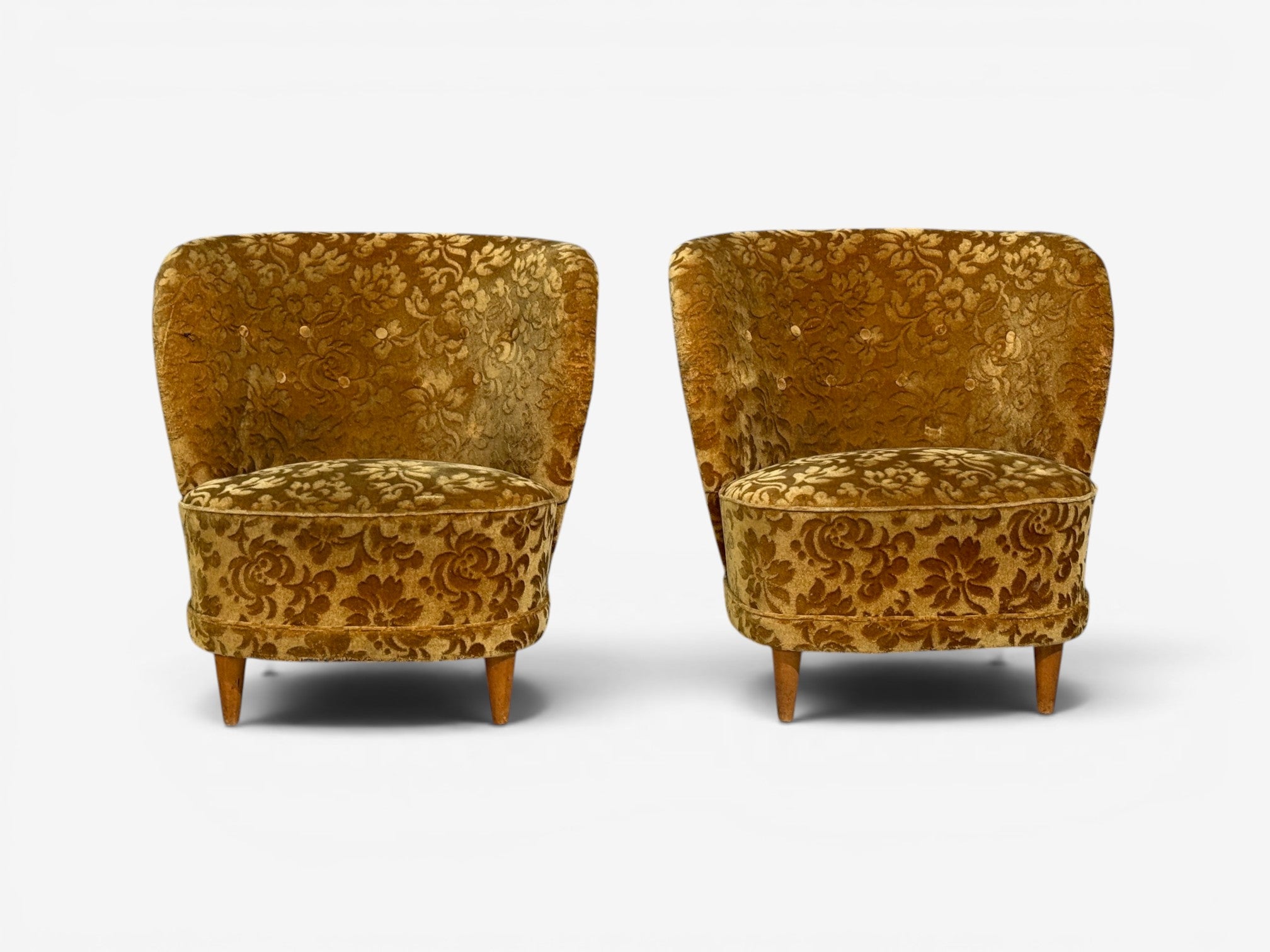 Finnish Modern, Easy Chairs, Damask, Beech, Finland, 1940s