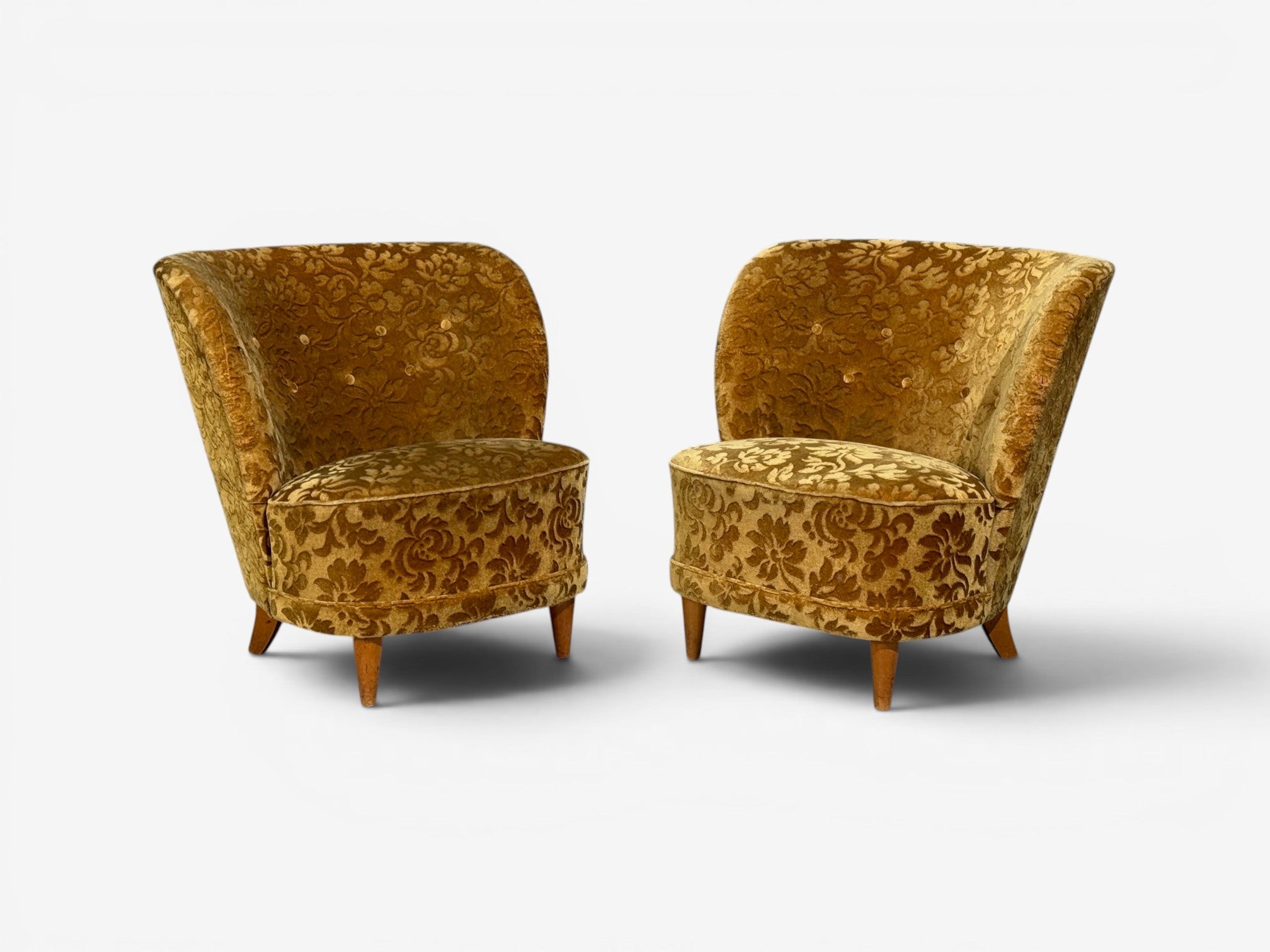 Finnish Modern, Easy Chairs, Damask, Beech, Finland, 1940s