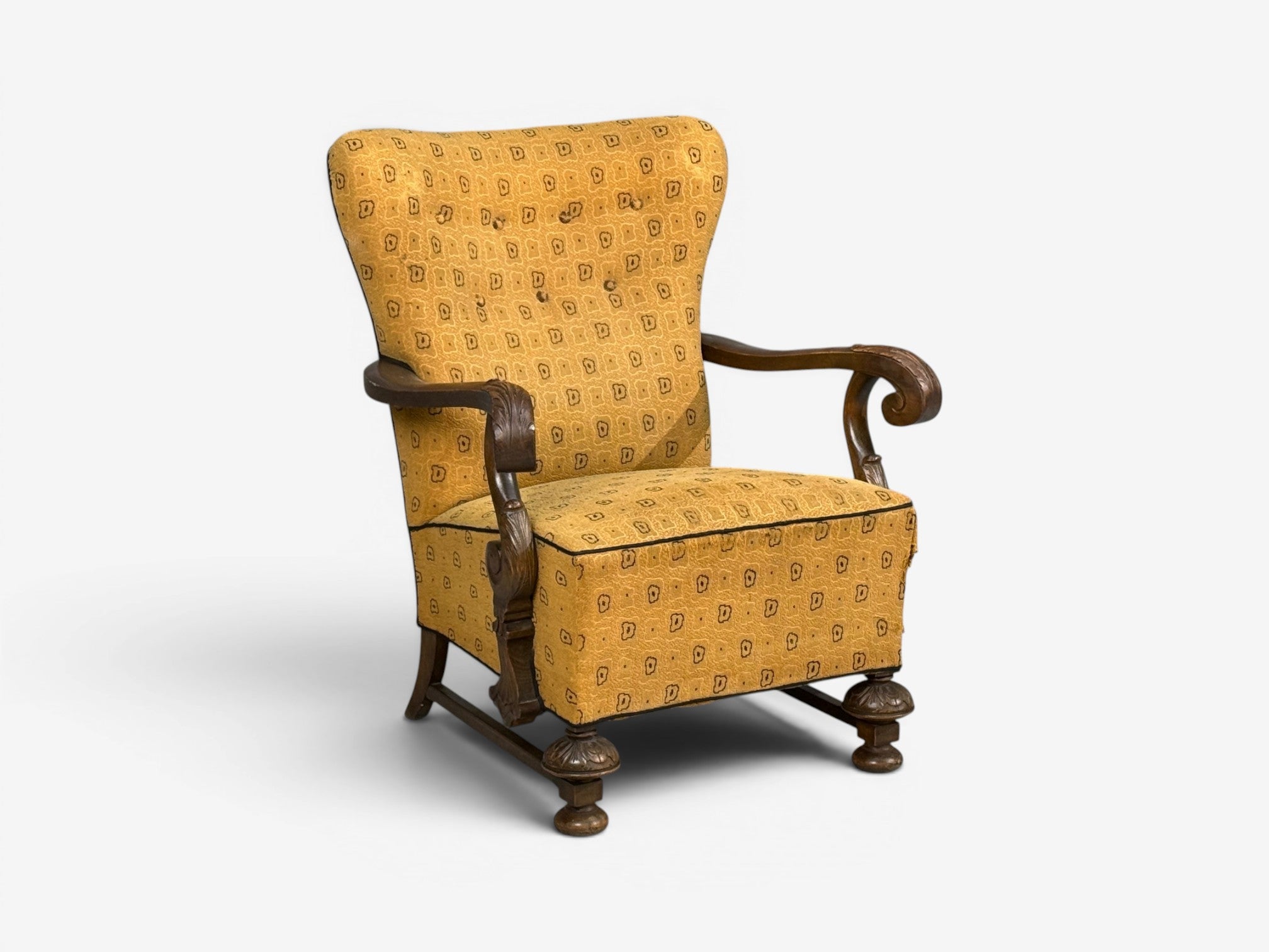 Scandinavian Modern, Lounge Chair, Carved Wood, Fabric, Denmark, 1960s