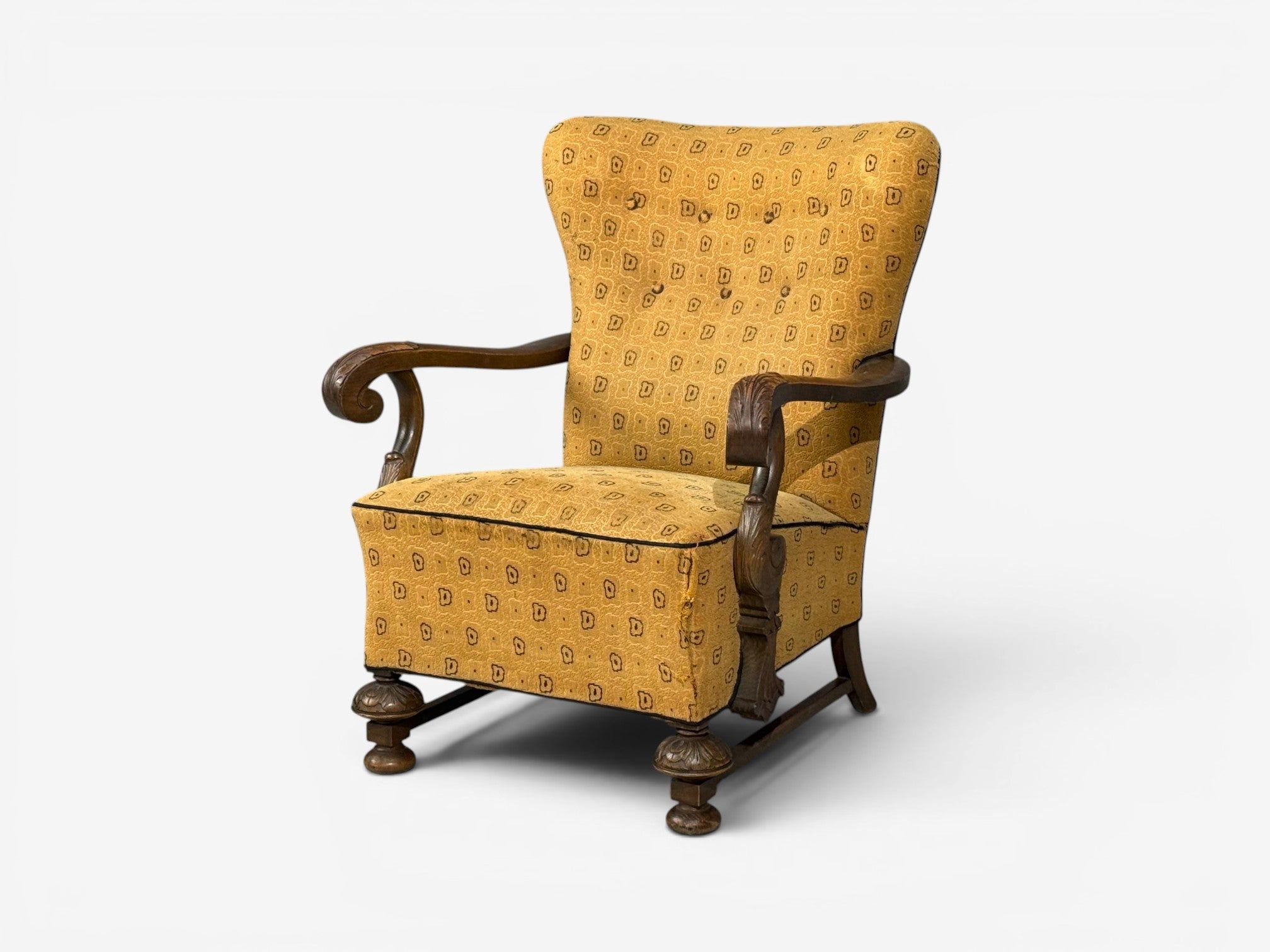 Scandinavian Modern, Lounge Chair, Carved Wood, Fabric, Denmark, 1960s