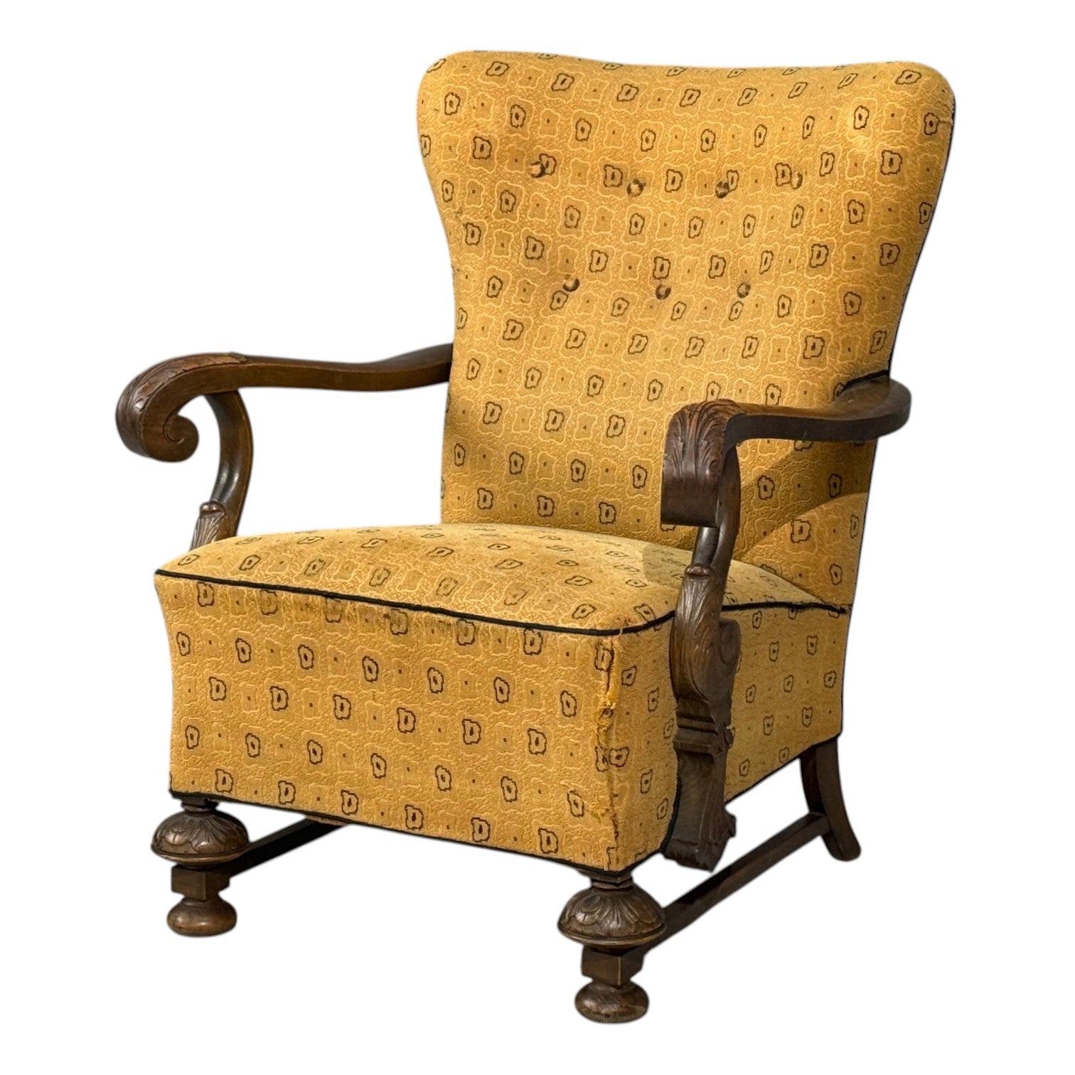 Scandinavian Modern, Lounge Chair, Carved Wood, Fabric, Denmark, 1960s