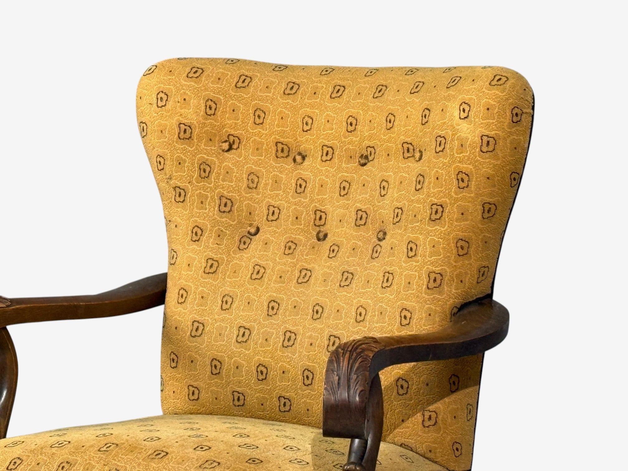 Scandinavian Modern, Lounge Chair, Carved Wood, Fabric, Denmark, 1960s
