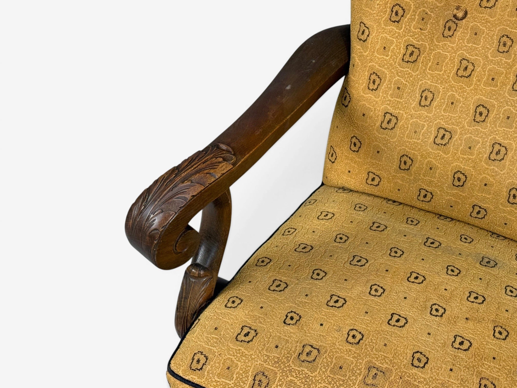 Scandinavian Modern, Lounge Chair, Carved Wood, Fabric, Denmark, 1960s
