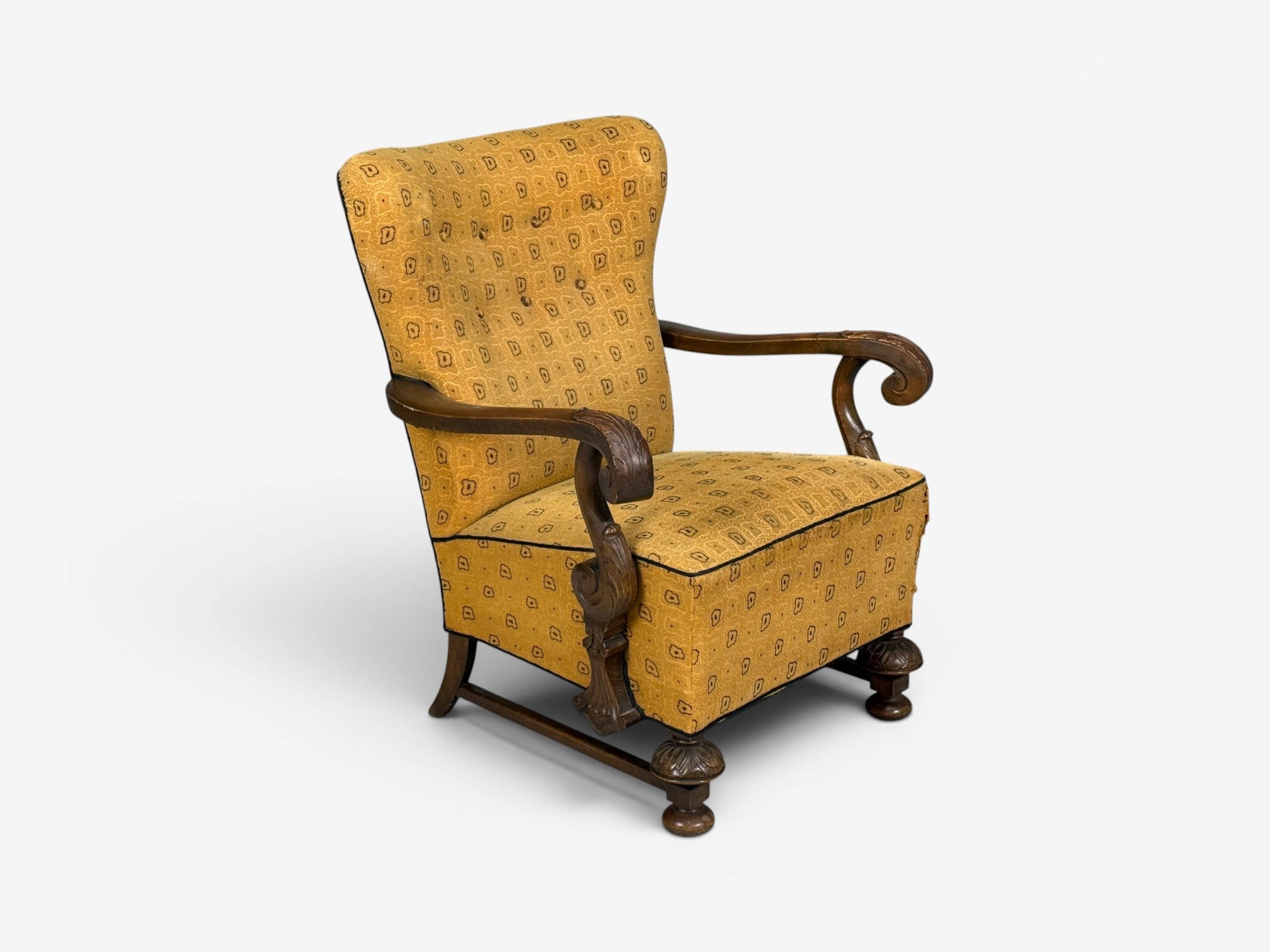 Scandinavian Modern, Lounge Chair, Carved Wood, Fabric, Denmark, 1960s