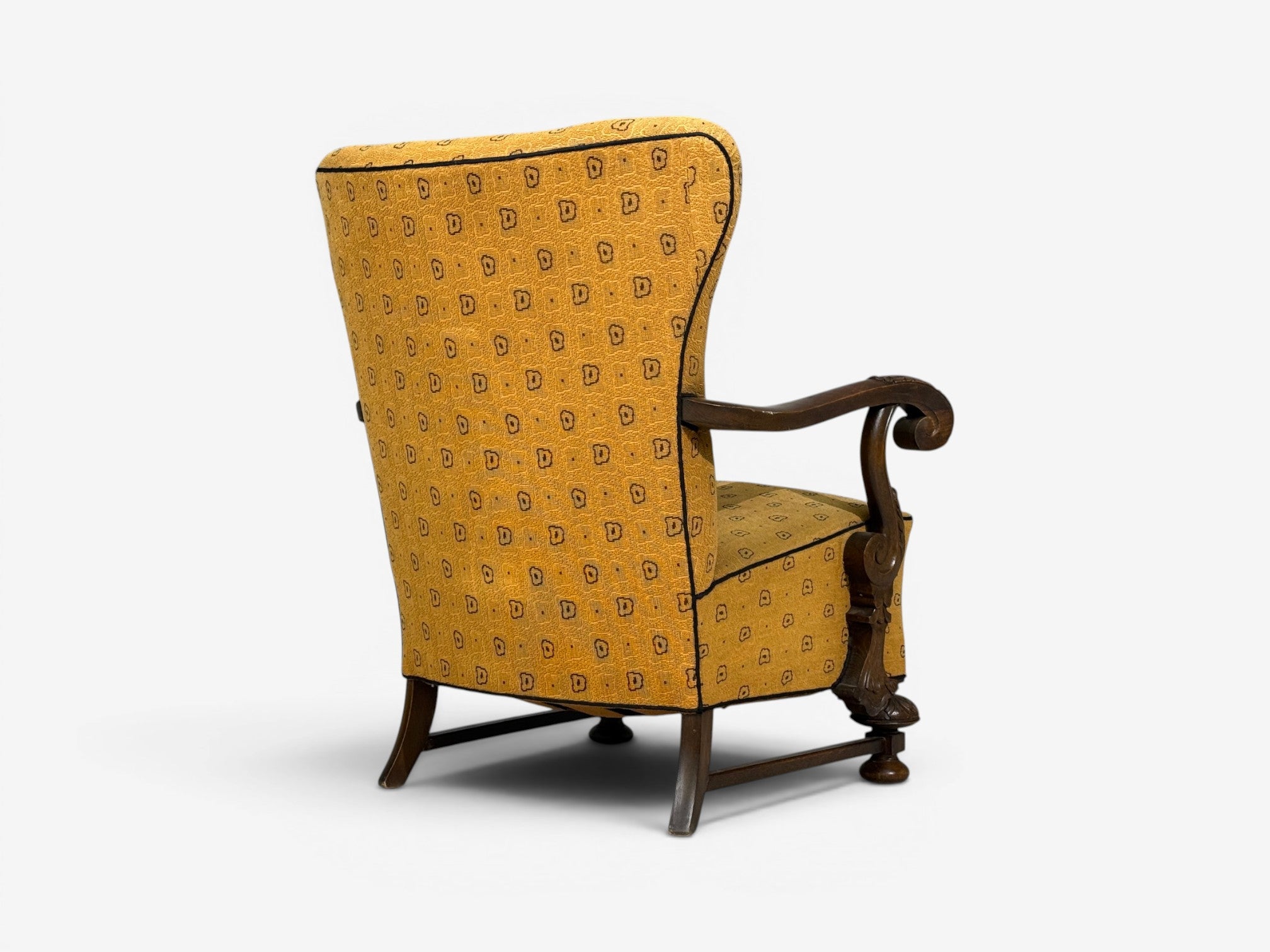 Scandinavian Modern, Lounge Chair, Carved Wood, Fabric, Denmark, 1960s